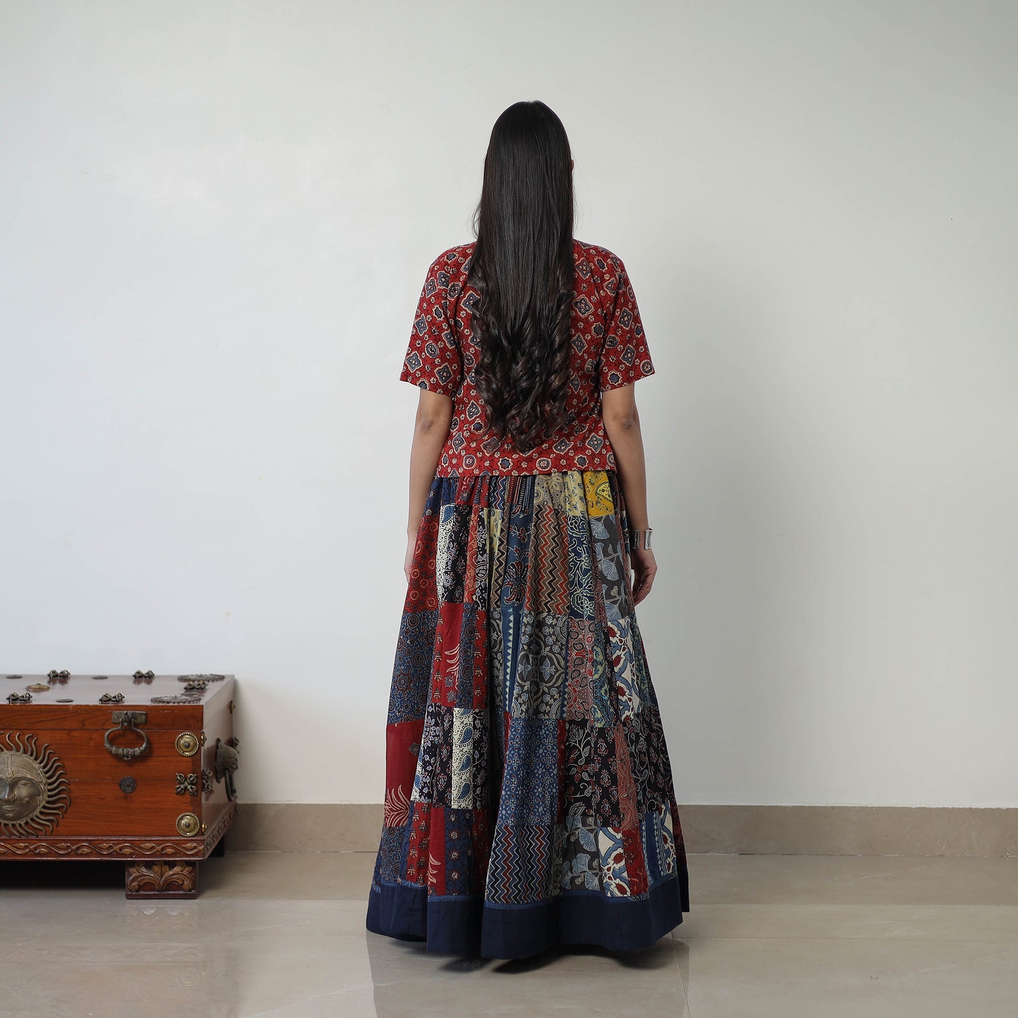 Multicolor - 24 Kali Patchwork Block Printed Cotton Ajrakh Skirt 47