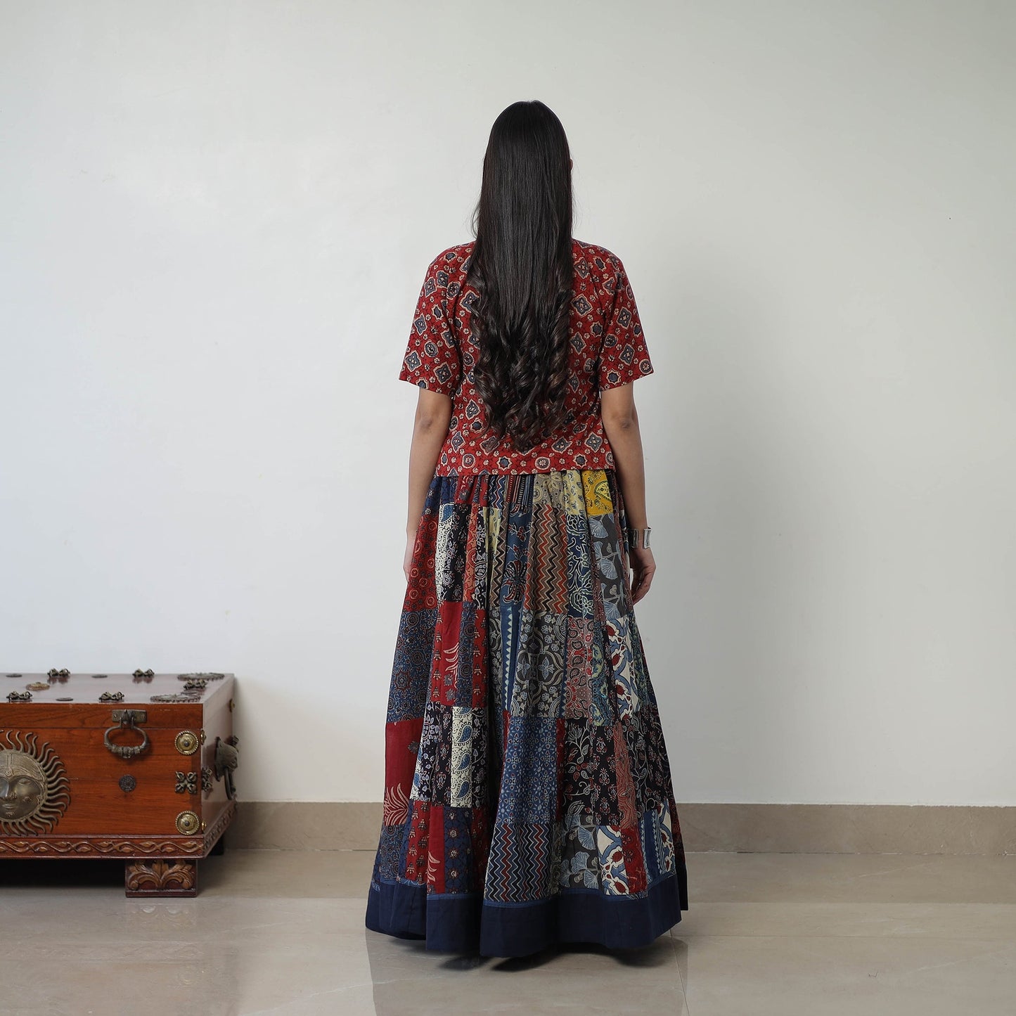 Multicolor - 24 Kali Patchwork Block Printed Cotton Ajrakh Skirt 47