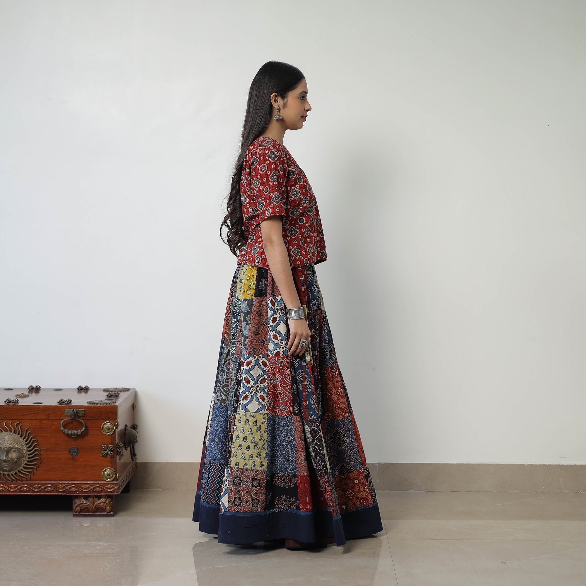 Multicolor - 24 Kali Patchwork Block Printed Cotton Ajrakh Skirt 47