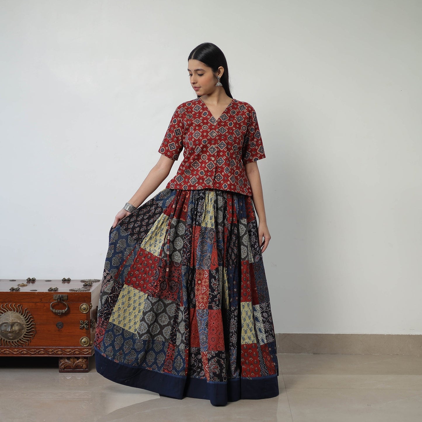 Multicolor - 24 Kali Patchwork Block Printed Cotton Ajrakh Skirt 47