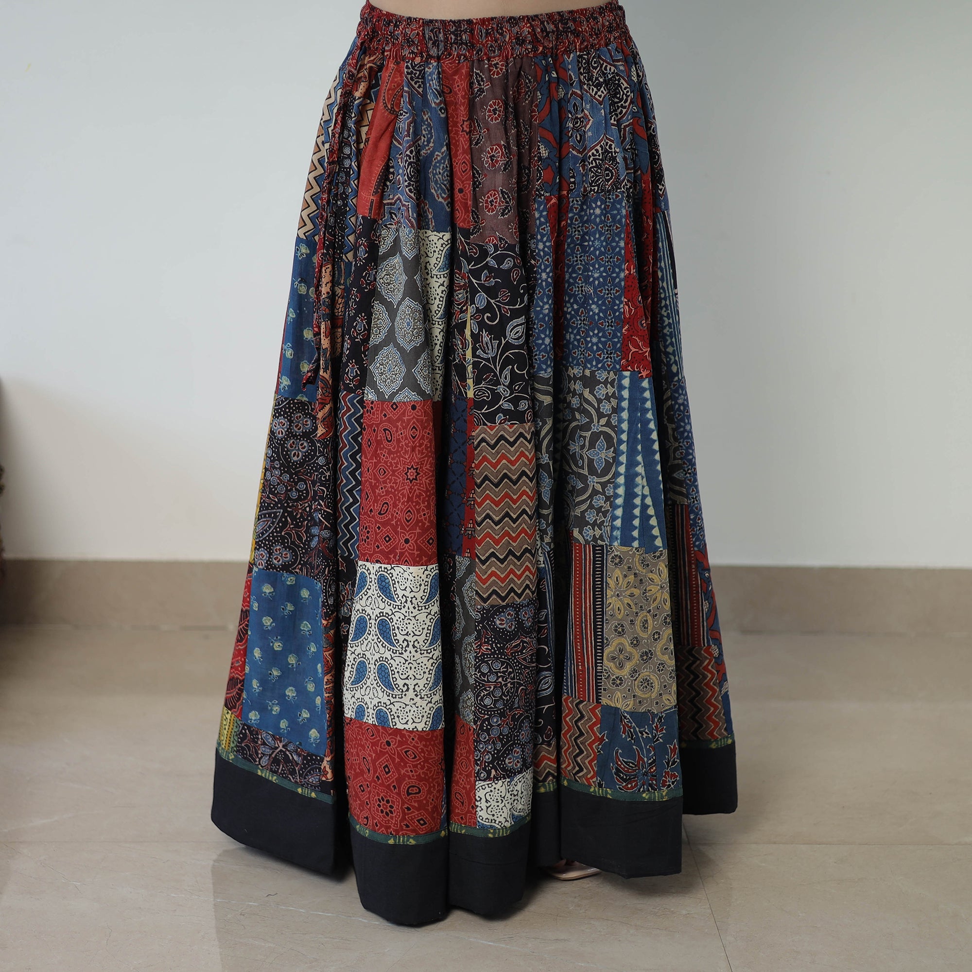 Multicolor - 24 Kali Patchwork Block Printed Cotton Ajrakh Skirt 50