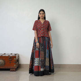 Multicolor - 24 Kali Patchwork Block Printed Cotton Ajrakh Skirt 50
