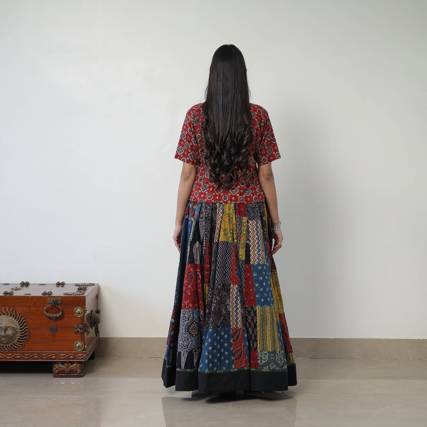 Multicolor - 24 Kali Patchwork Block Printed Cotton Ajrakh Skirt 50