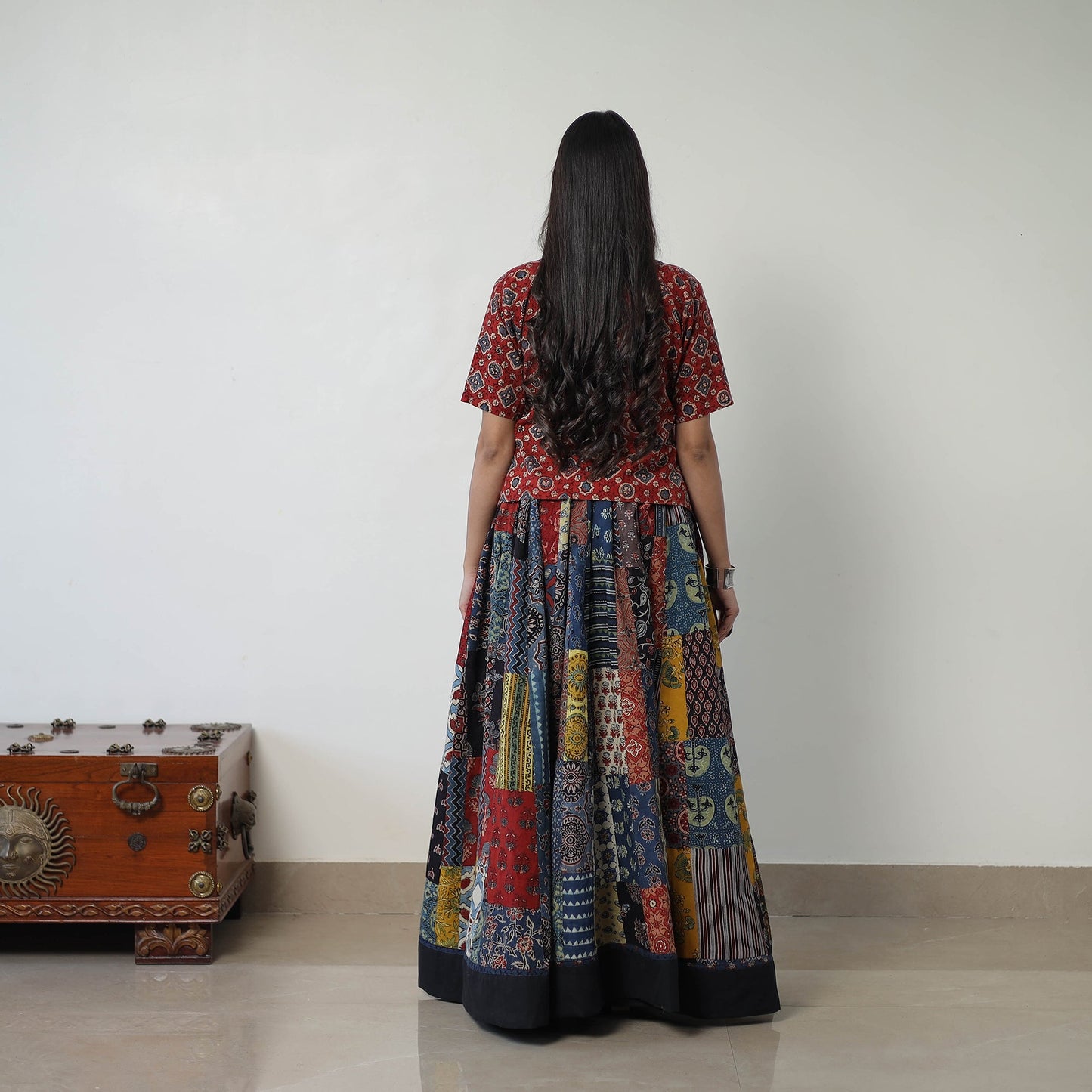  24 Kali Patchwork Block Printed Cotton Ajrakh Skirt