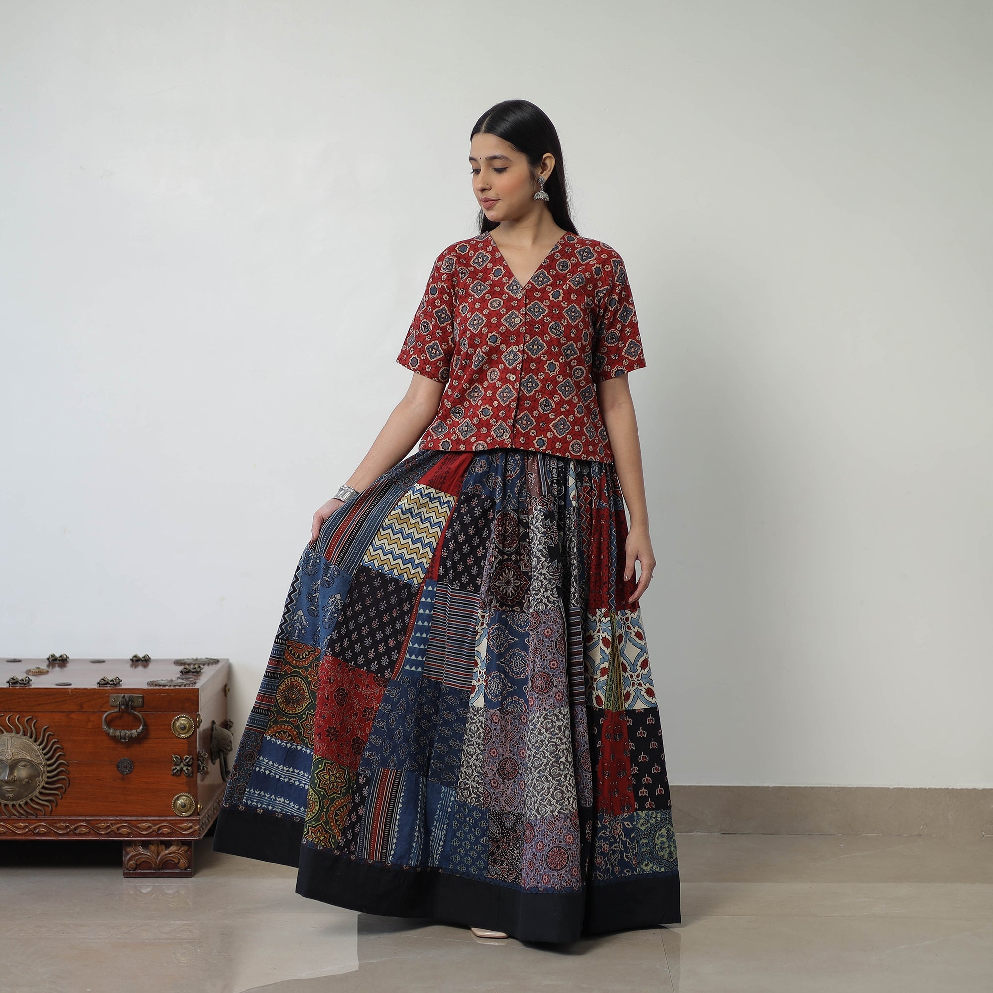  24 Kali Patchwork Block Printed Cotton Ajrakh Skirt