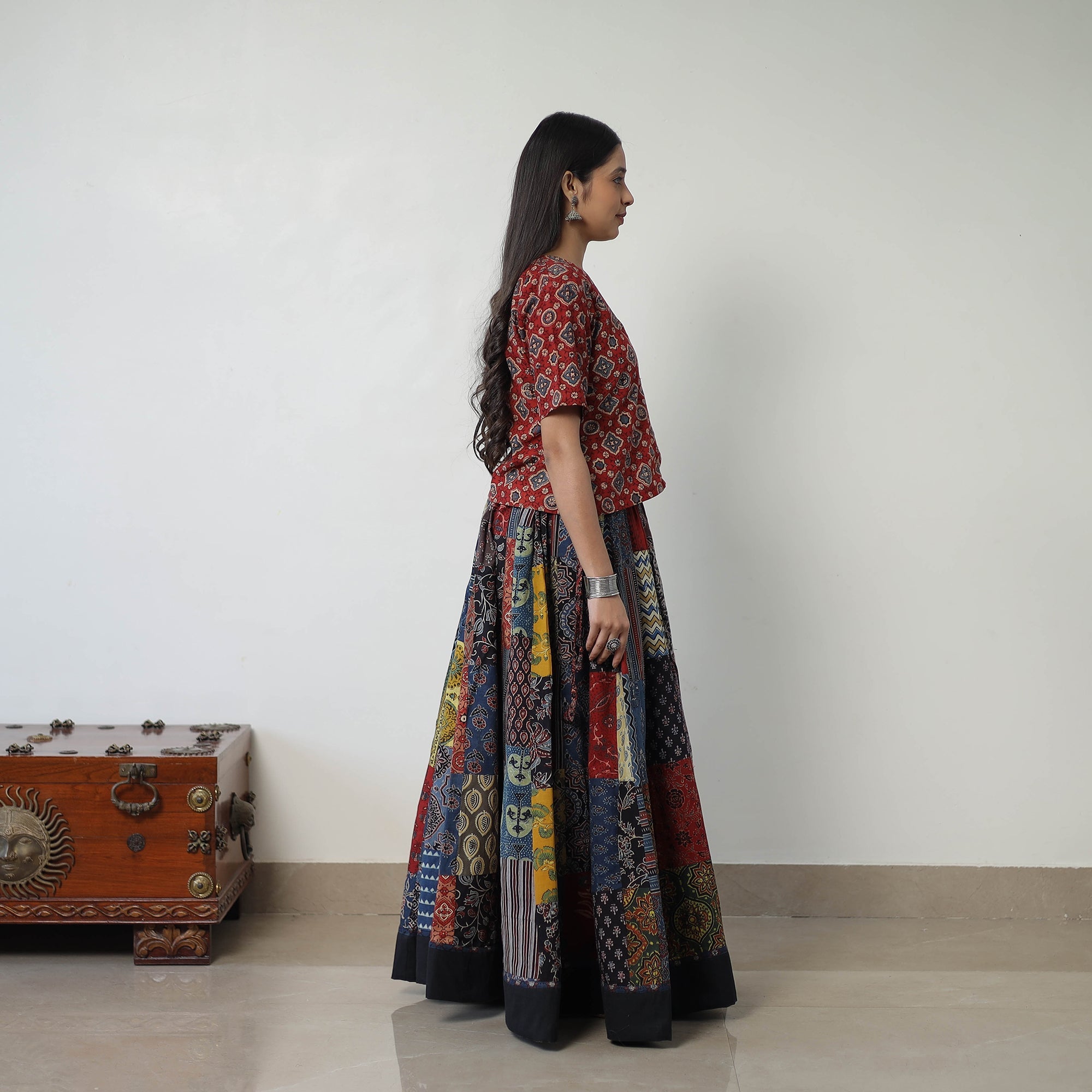  24 Kali Patchwork Block Printed Cotton Ajrakh Skirt