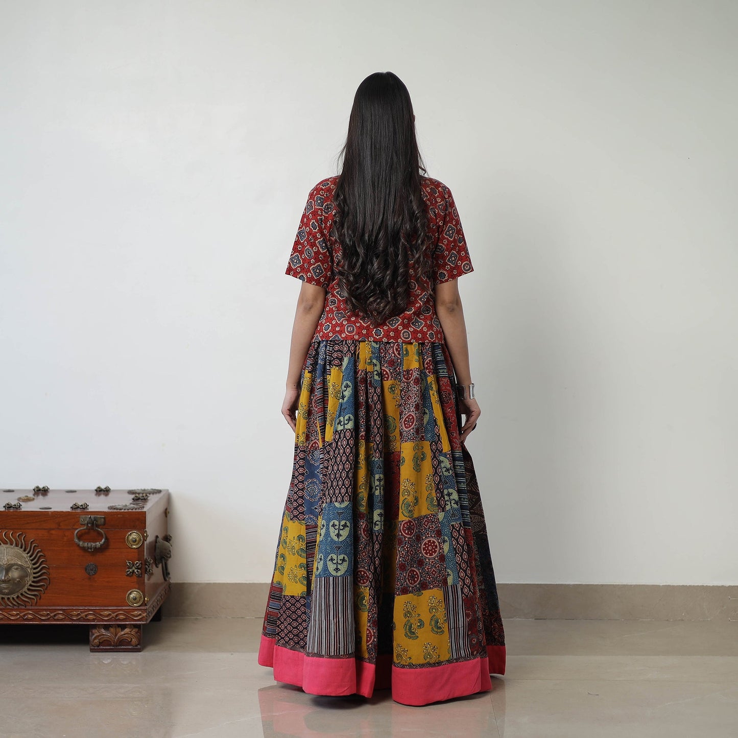 Multicolor - 24 Kali Patchwork Block Printed Cotton Ajrakh Skirt 53