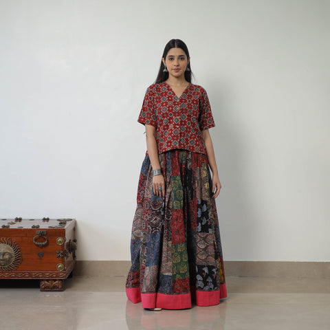 Multicolor - 24 Kali Patchwork Block Printed Cotton Ajrakh Skirt 53