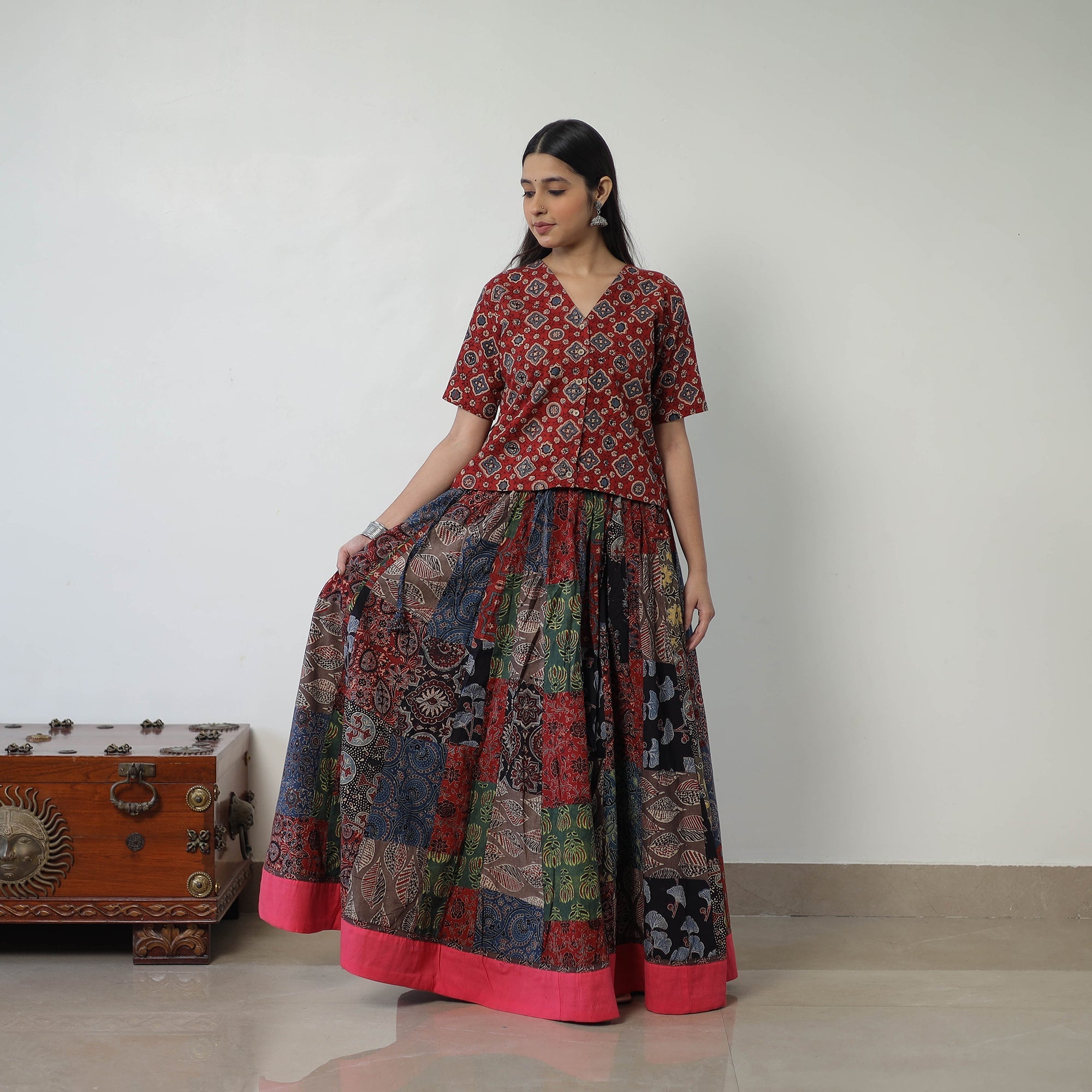 Multicolor - 24 Kali Patchwork Block Printed Cotton Ajrakh Skirt 53