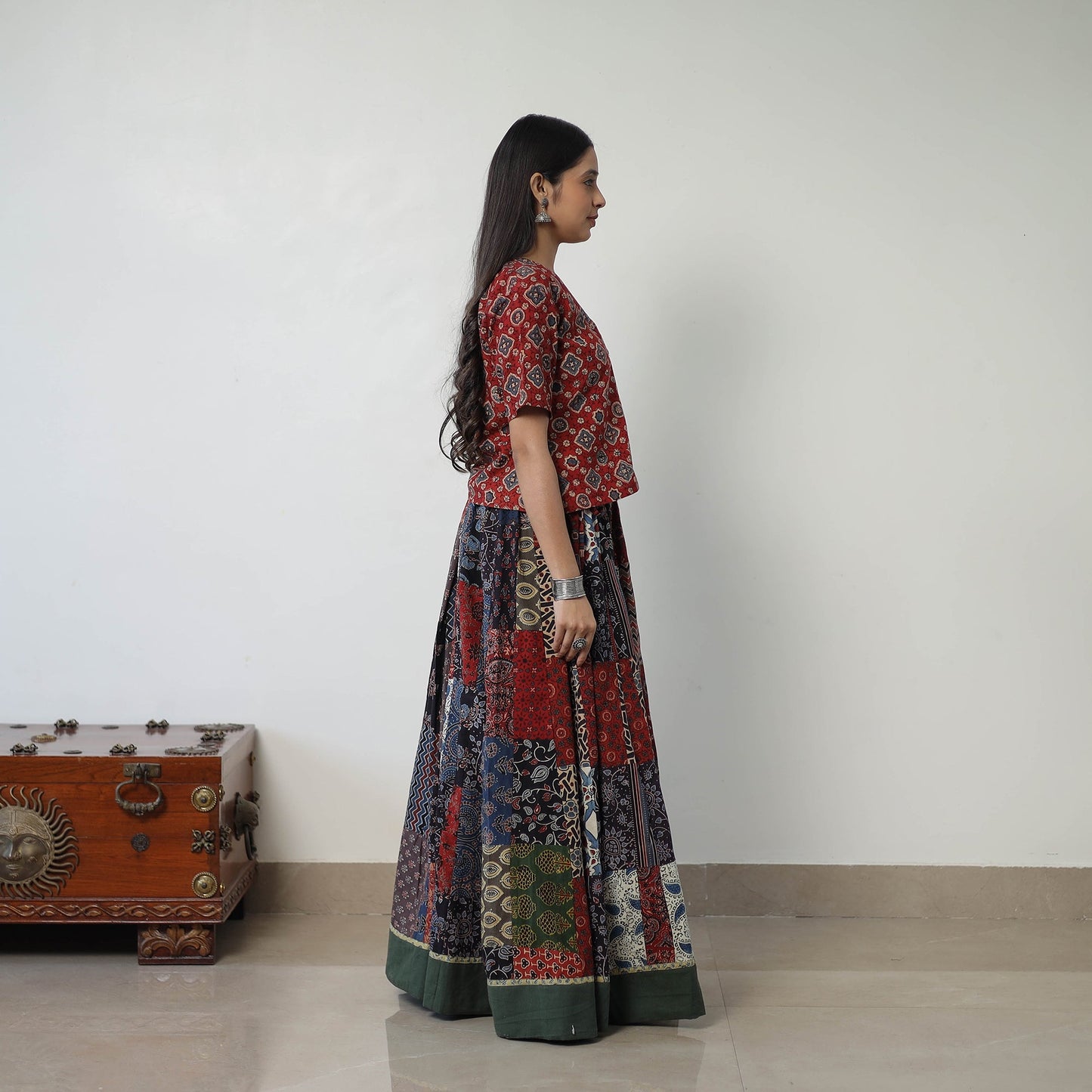 Multicolor - 24 Kali Patchwork Block Printed Cotton Ajrakh Skirt 54