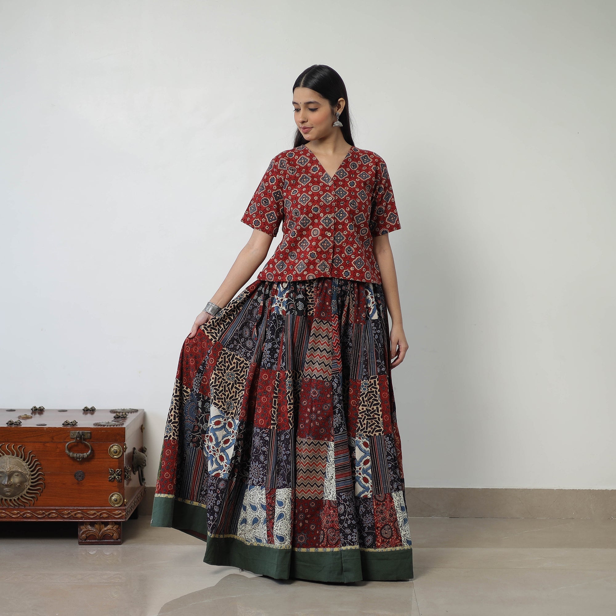 Multicolor - 24 Kali Patchwork Block Printed Cotton Ajrakh Skirt 54