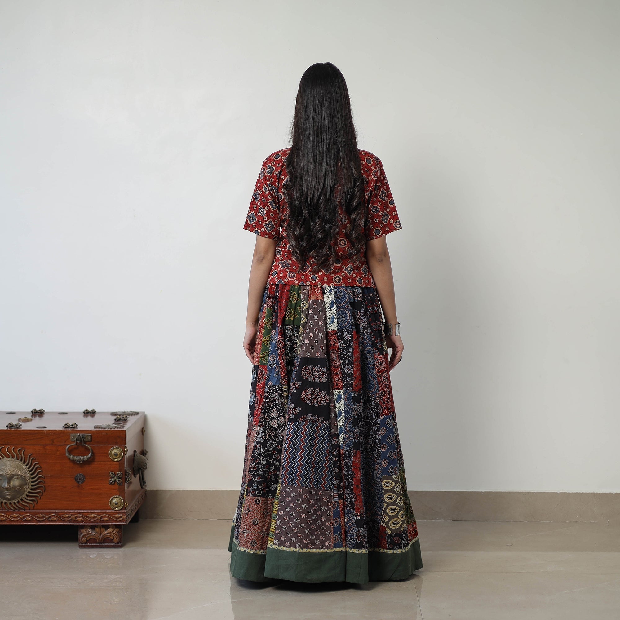 Multicolor - 24 Kali Patchwork Block Printed Cotton Ajrakh Skirt 54