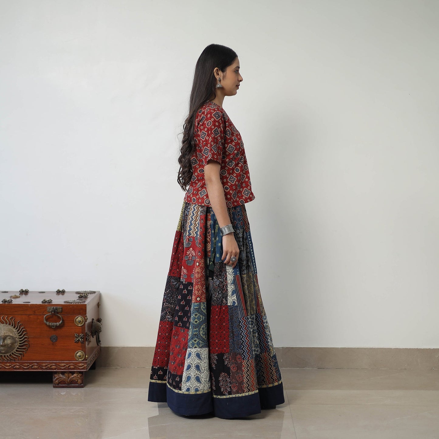 Multicolor - 24 Kali Patchwork Block Printed Cotton Ajrakh Skirt 55