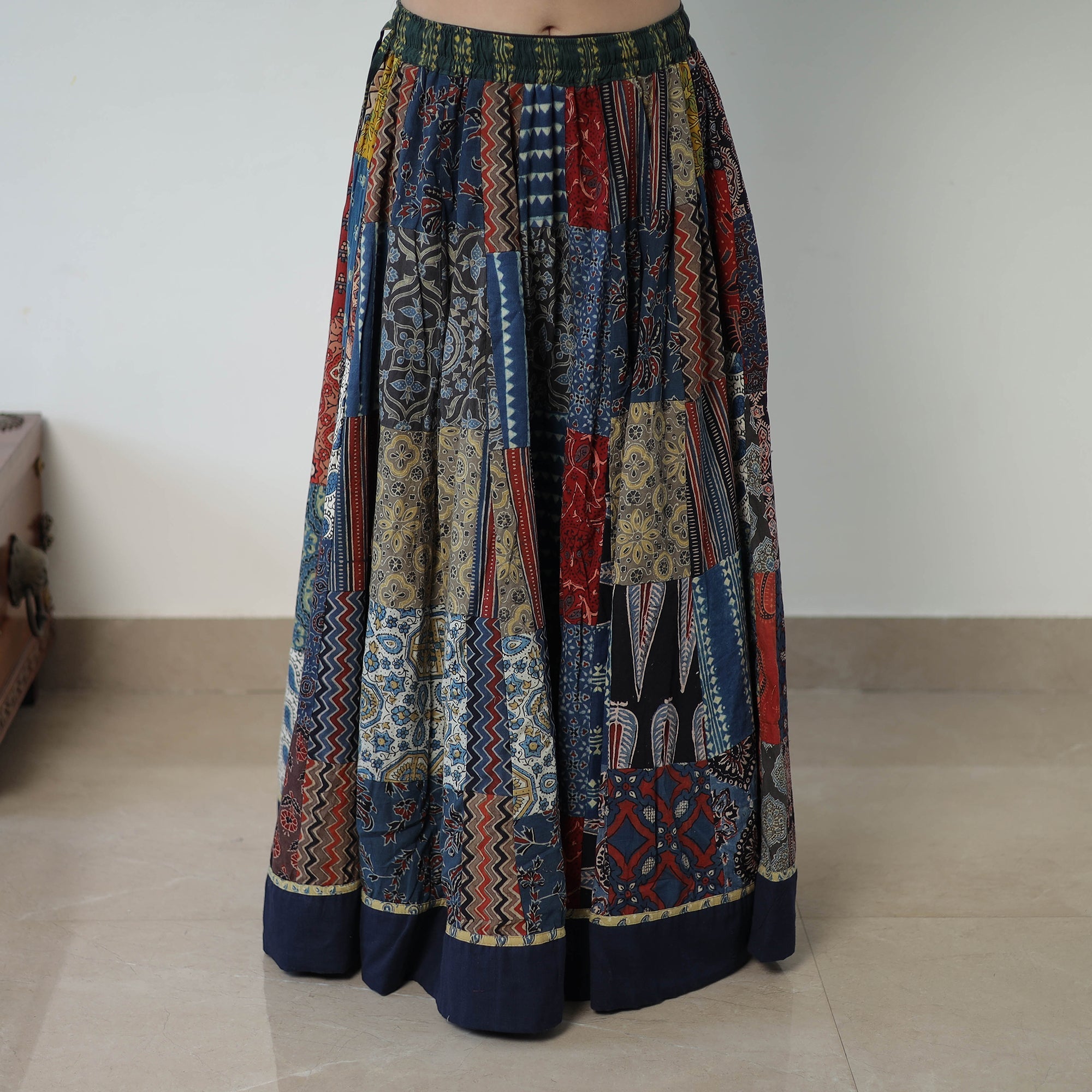 Multicolor - 24 Kali Patchwork Block Printed Cotton Ajrakh Skirt 55