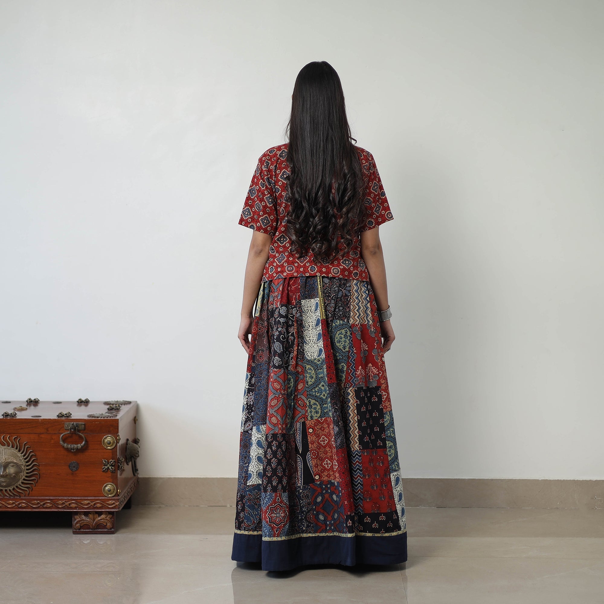 Multicolor - 24 Kali Patchwork Block Printed Cotton Ajrakh Skirt 55