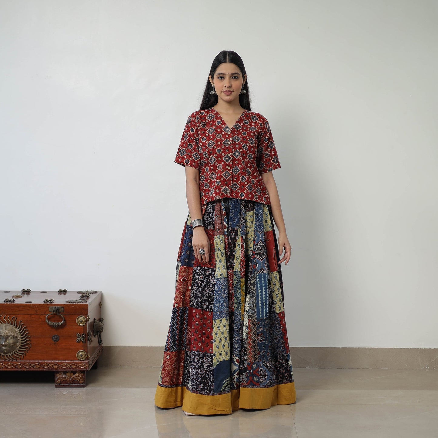  24 Kali Patchwork Block Printed Cotton Ajrakh Skirt