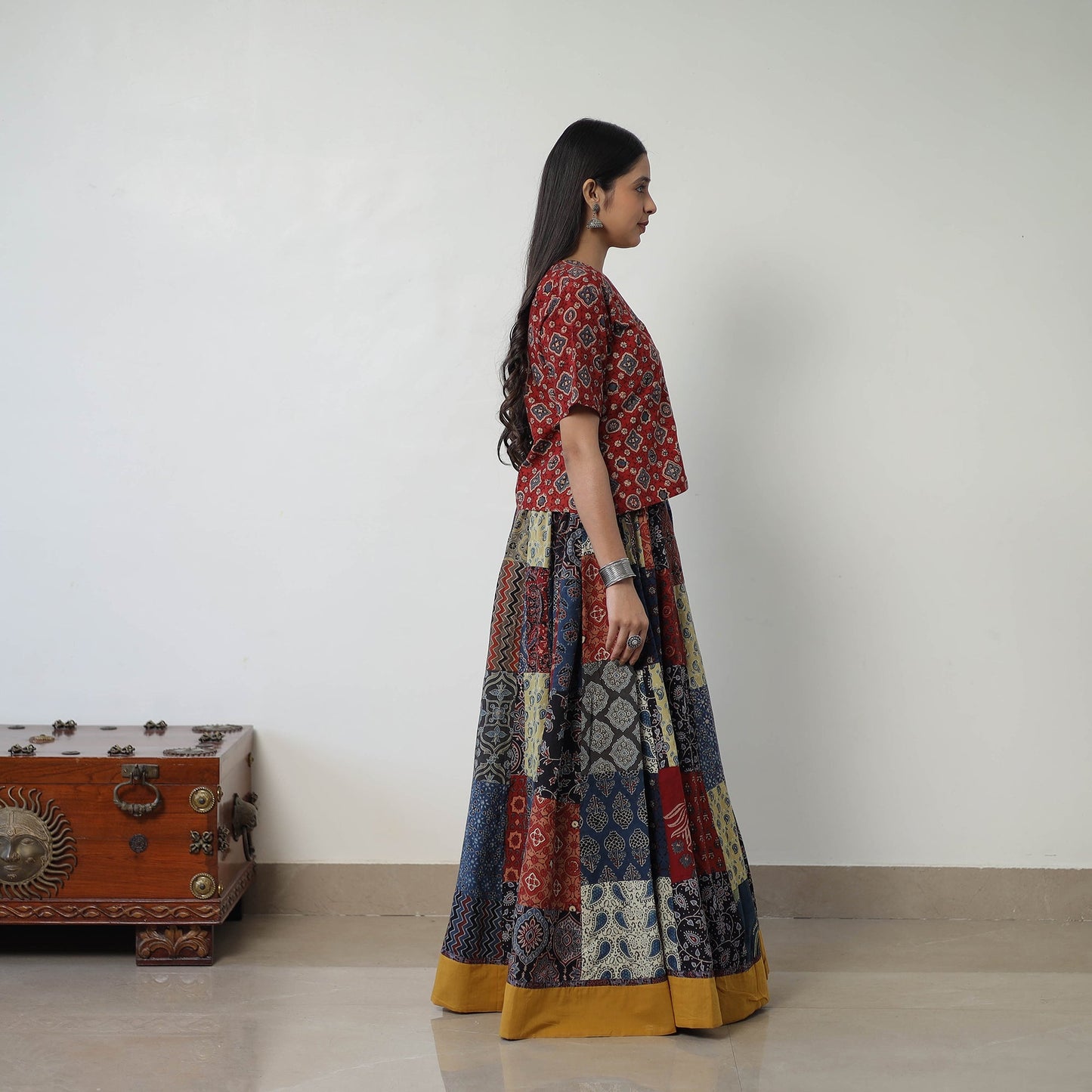 24 Kali Patchwork Block Printed Cotton Ajrakh Skirt