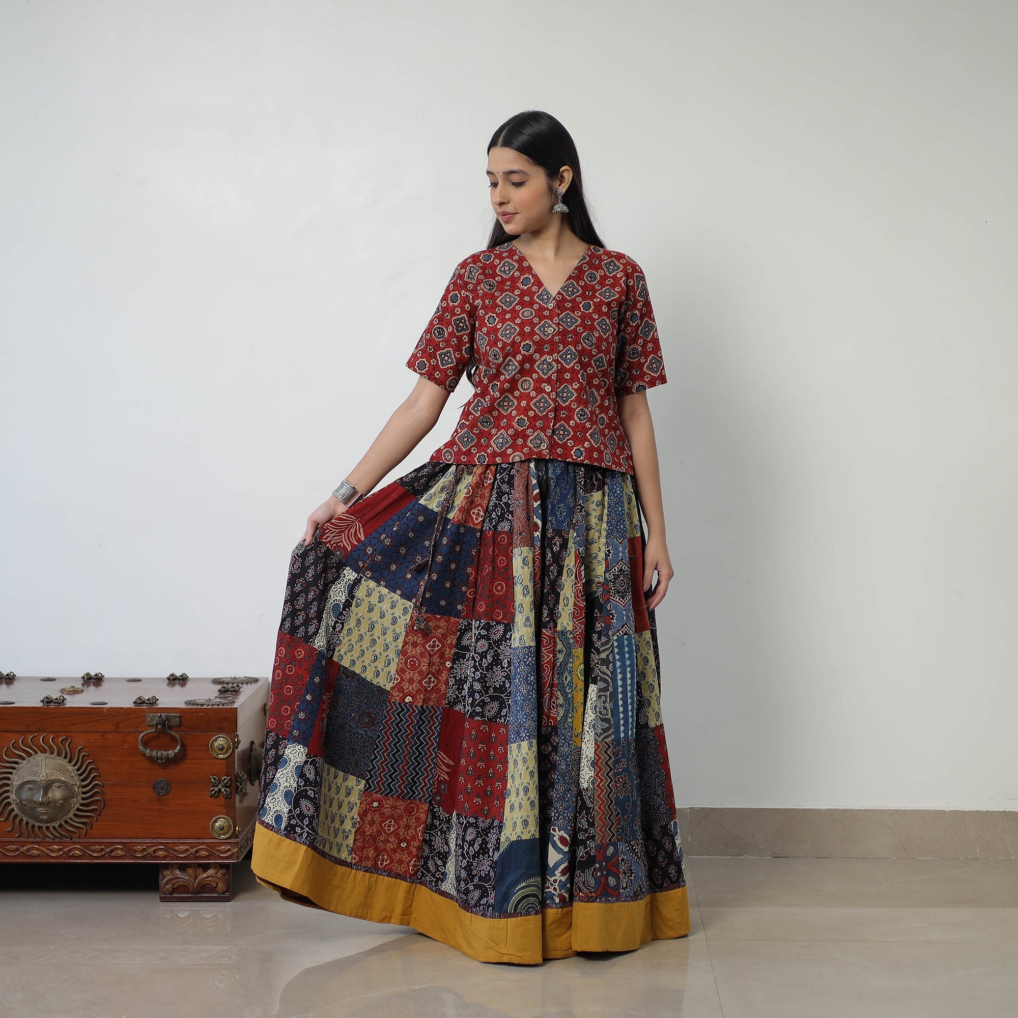  24 Kali Patchwork Block Printed Cotton Ajrakh Skirt