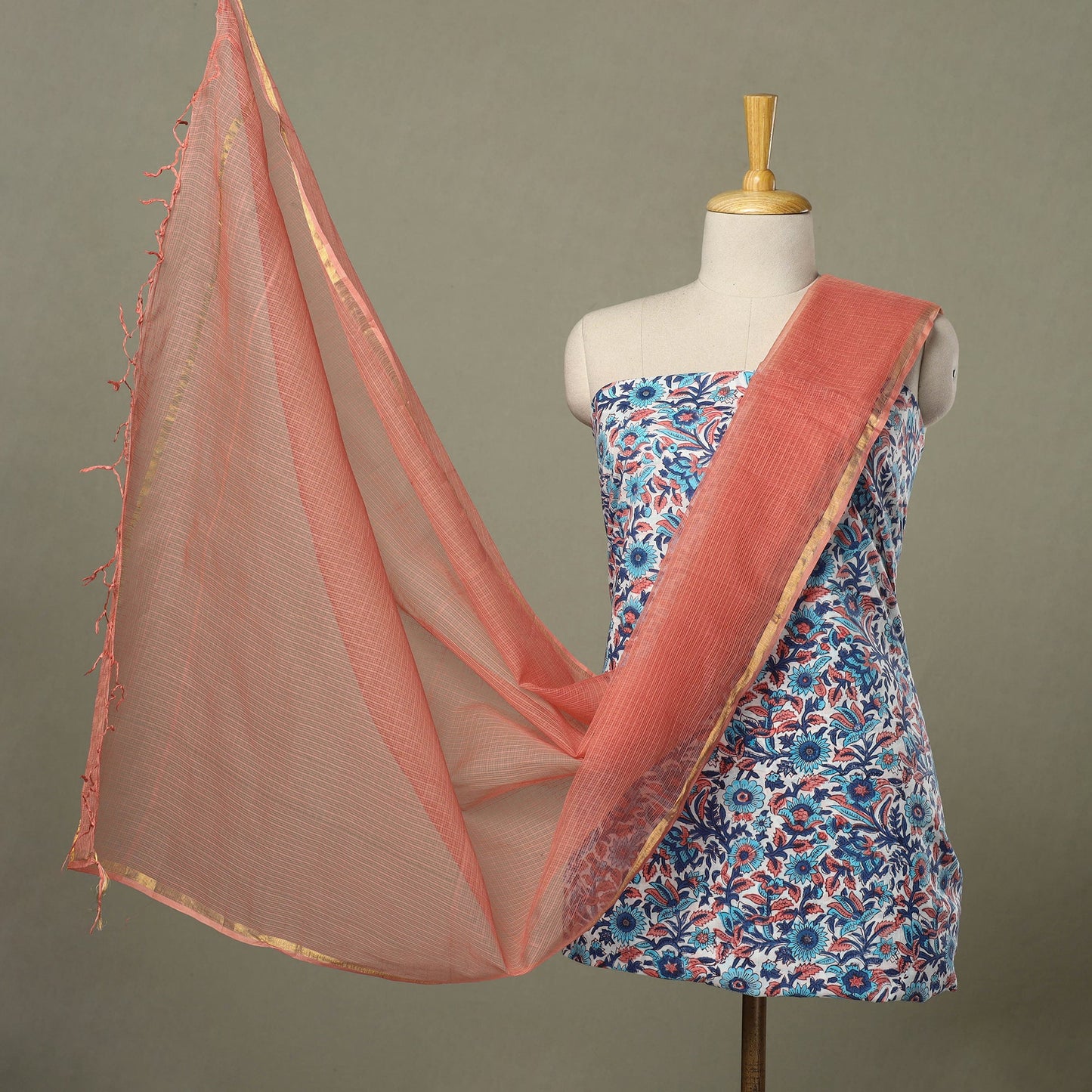 Buy 2pc Cotton Multicolor Sanganeri Print Kurta with Plain Dupatta