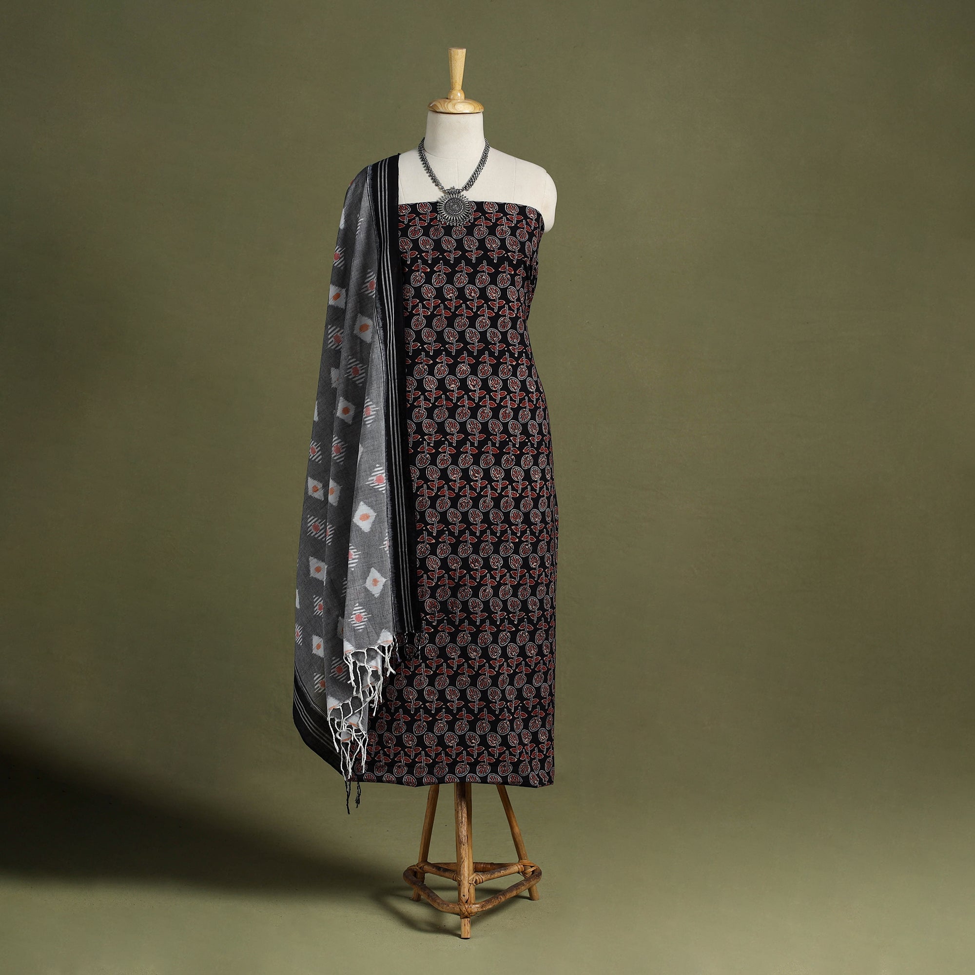 Multicolor 2pc Cotton Ajrakh Print Kurta with Ikat Dupatta