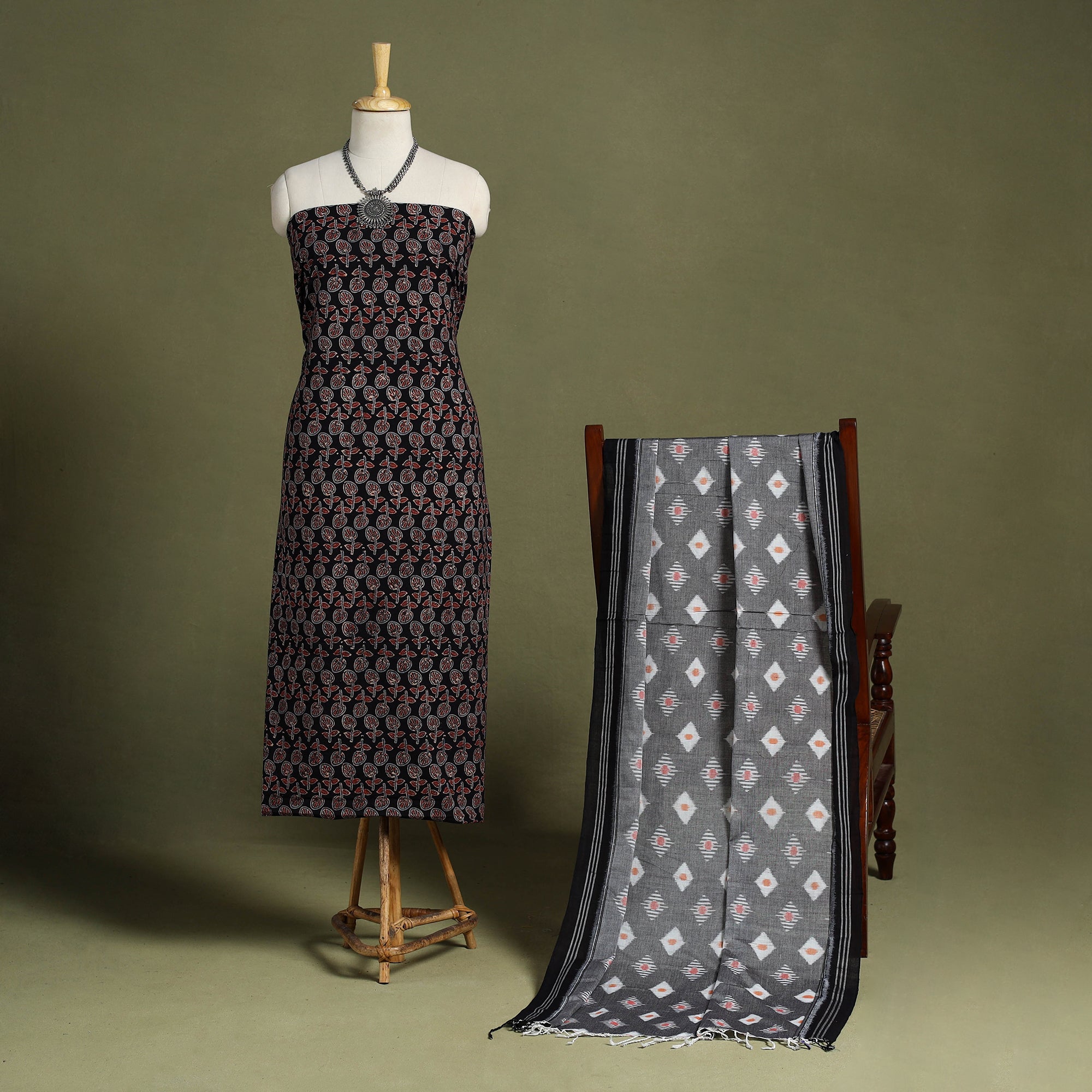 Multicolor 2pc Cotton Ajrakh Print Kurta with Ikat Dupatta