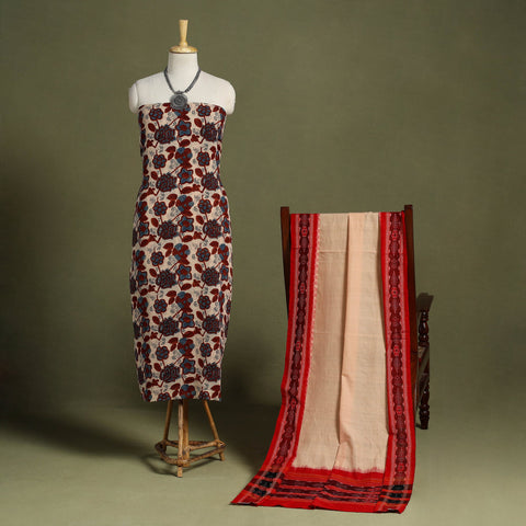 Multicolor 2pc Cotton Ajrakh Print Kurta with Ikat Dupatta