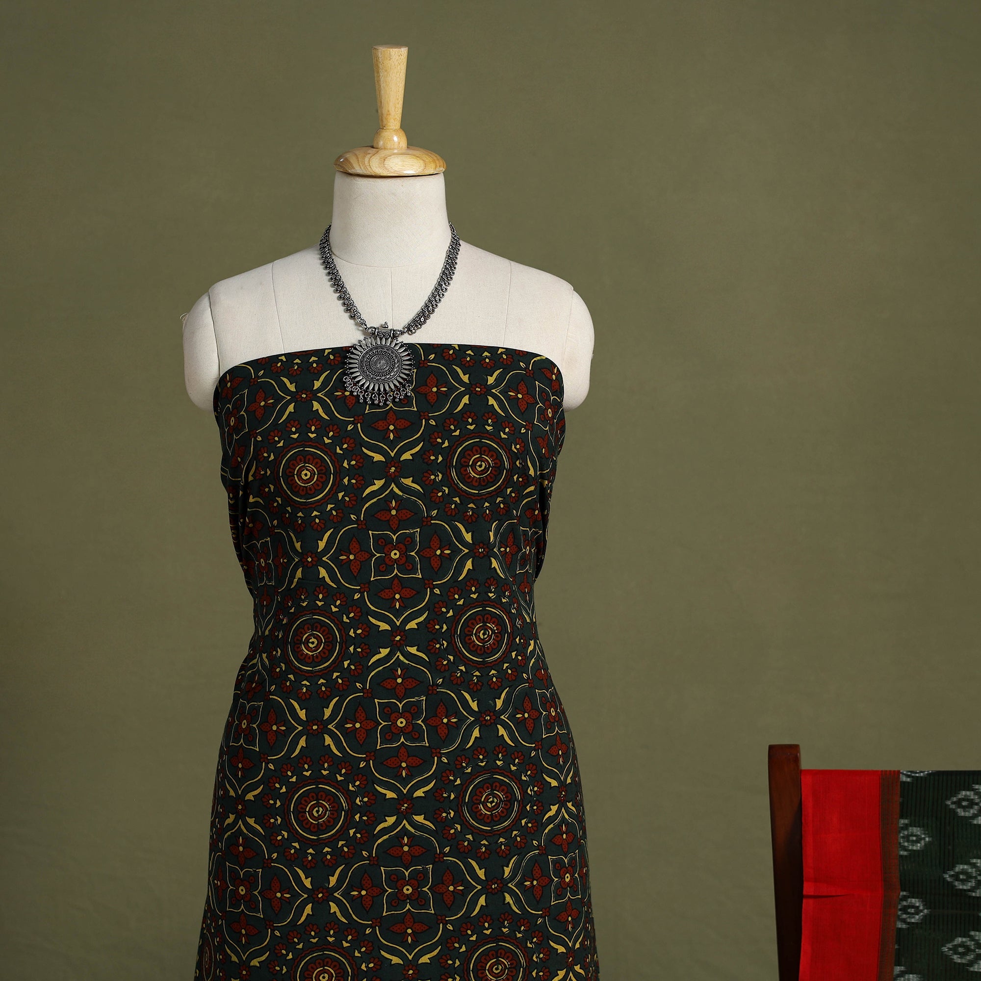 Multicolor 2pc Cotton Ajrakh Print Kurta with Ikat Dupatta