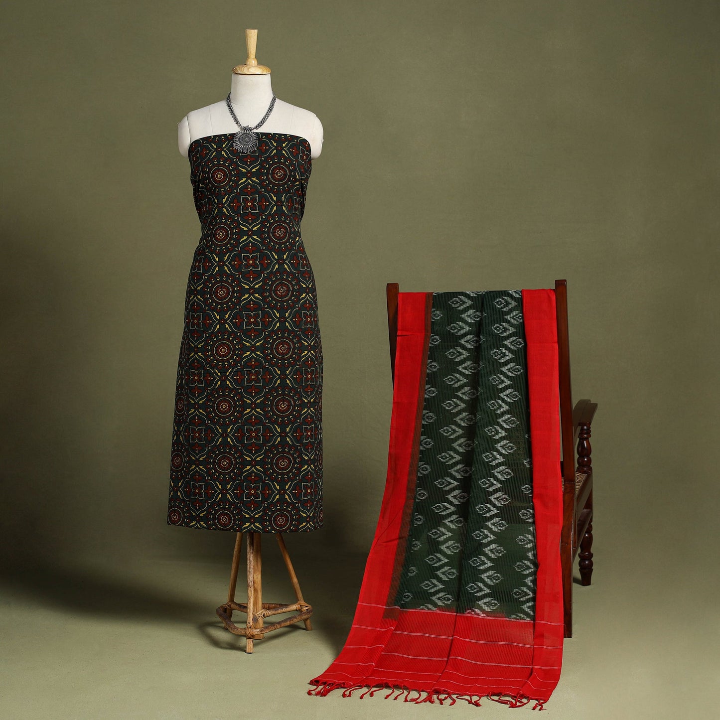 Multicolor 2pc Cotton Ajrakh Print Kurta with Ikat Dupatta