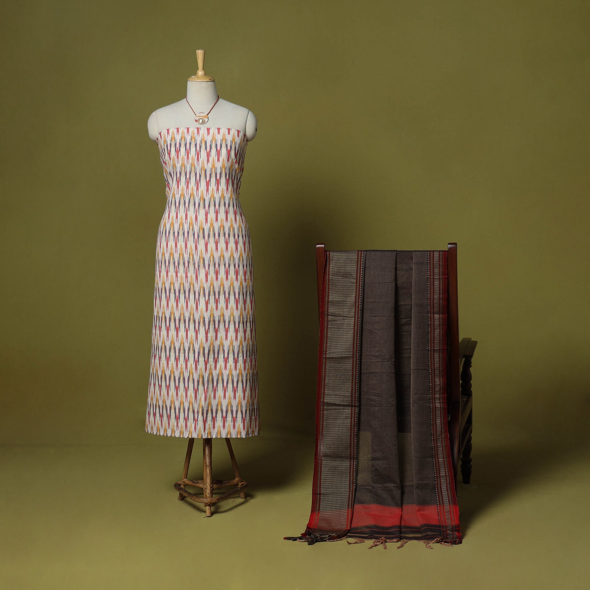 Multicolor - 2pc cotton unstitched pochampally ikat dress