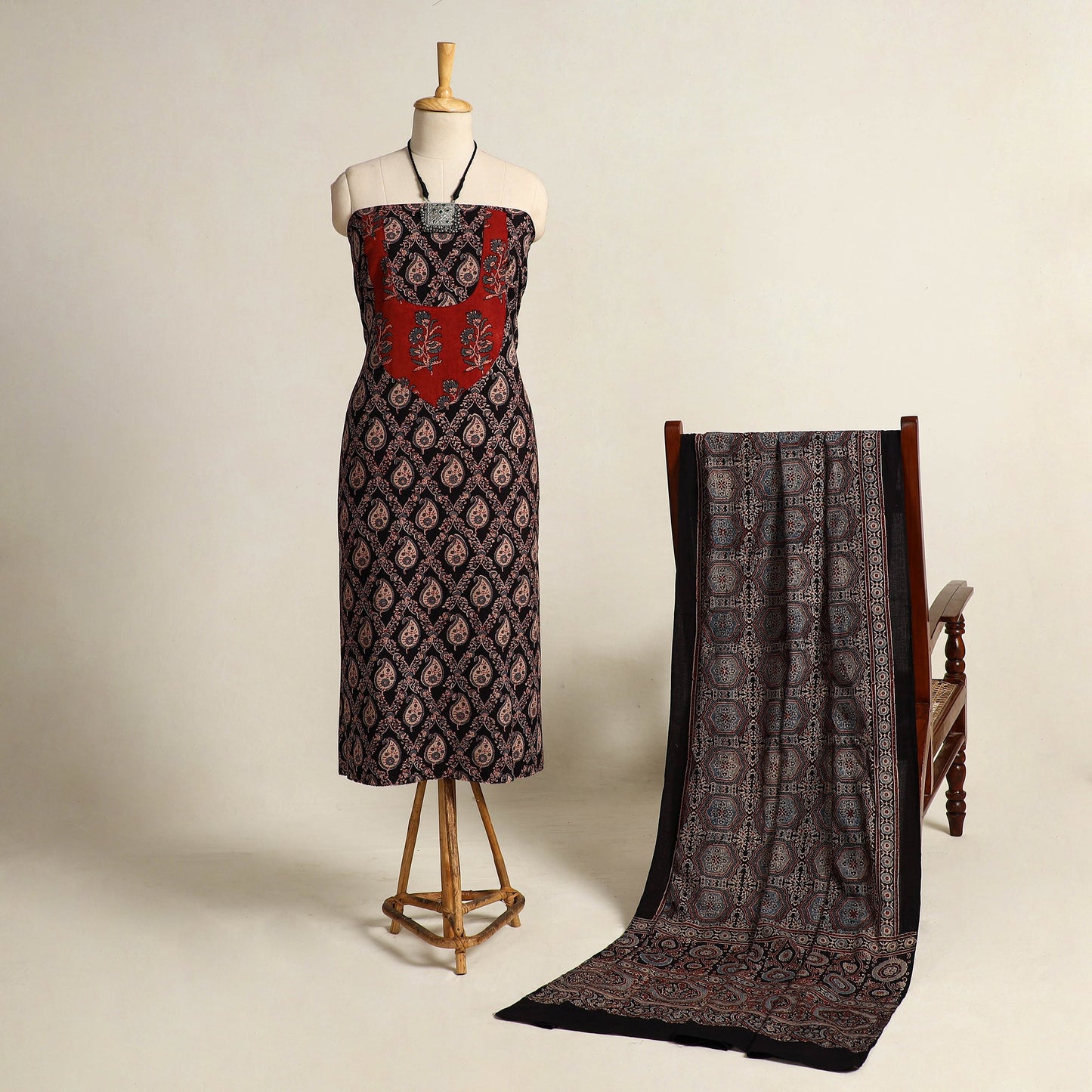  Multicolor 2pc Block Print Natural Dyed Ajrakh Dress Material