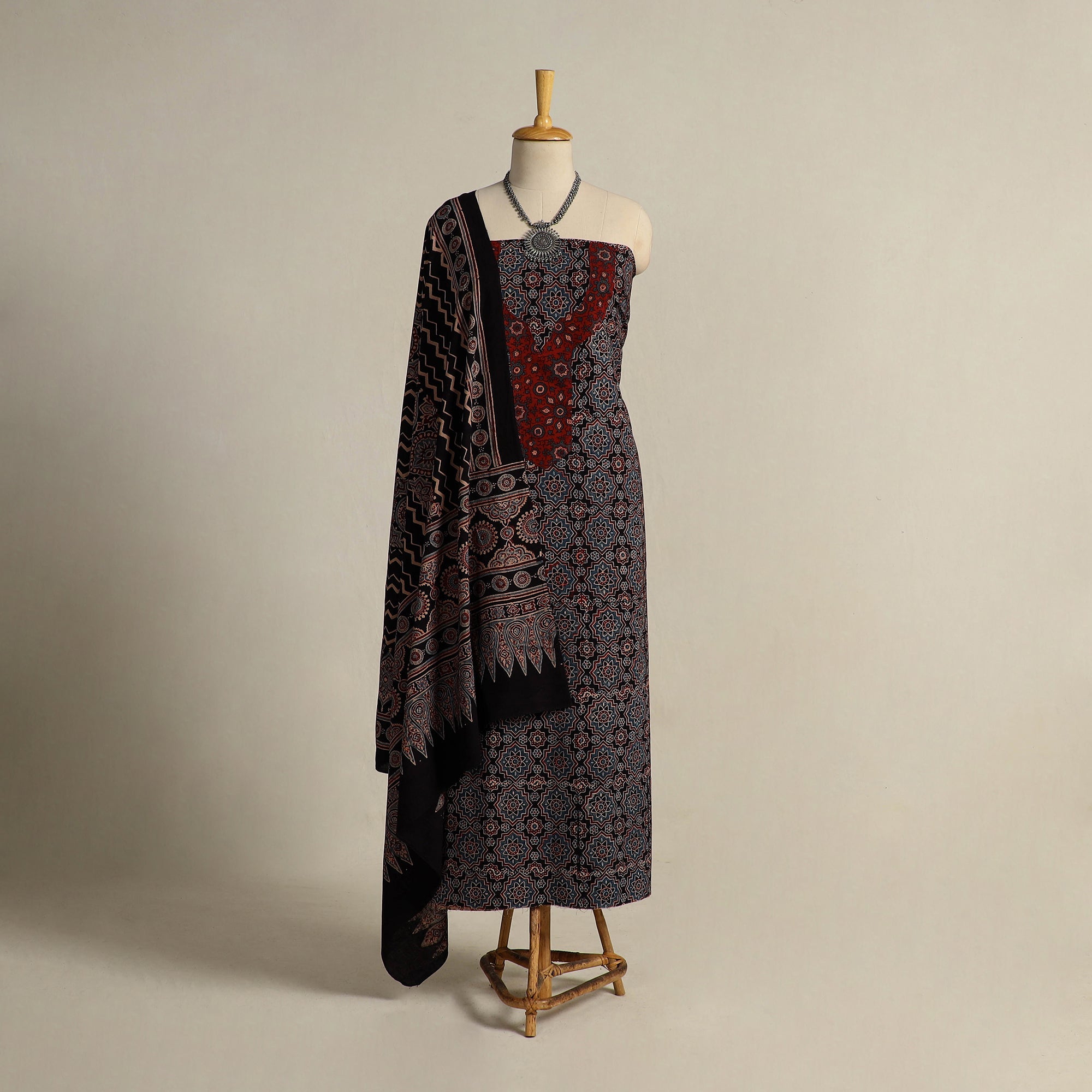  Multicolor 2pc Block Print Natural Dyed Ajrakh Dress Material