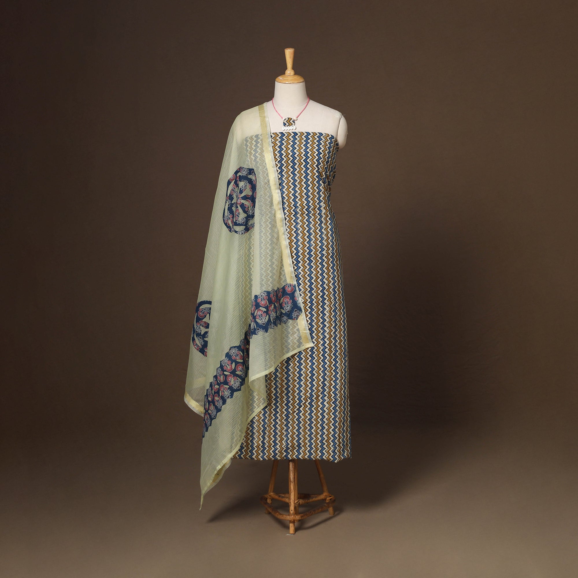 Multicolor - 2pc unstitched dress material with jewellery