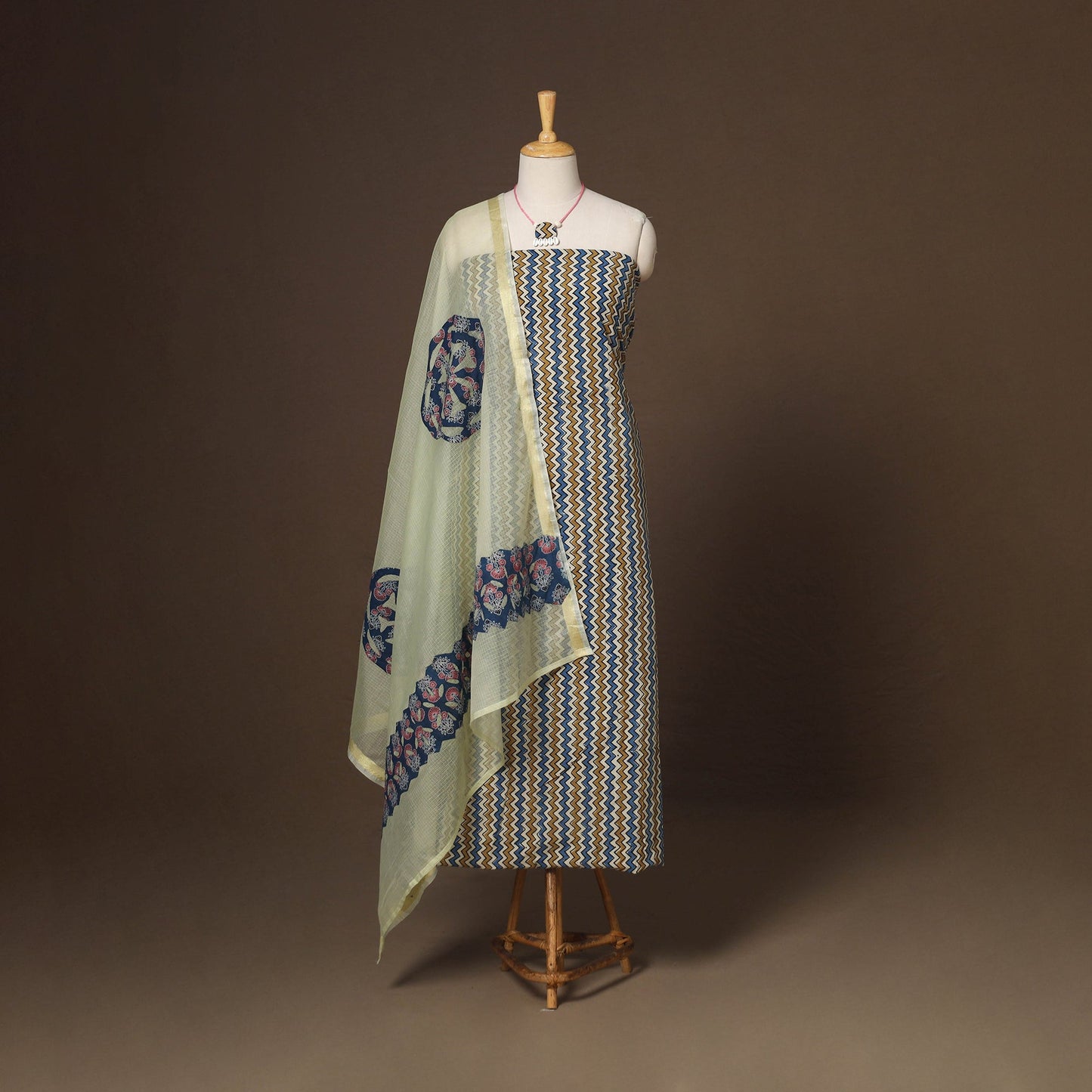 Multicolor - 2pc unstitched dress material with jewellery