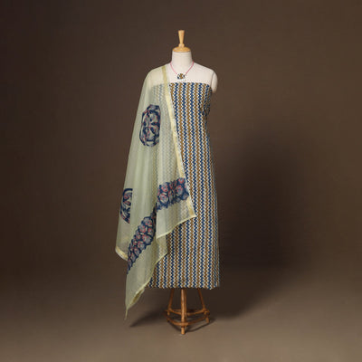 Multicolor - 2pc unstitched dress material with jewellery