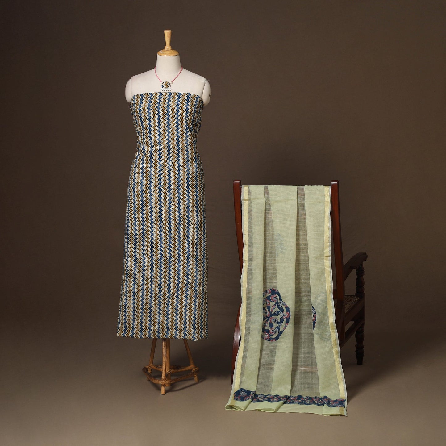 Multicolor - 2pc unstitched dress material with jewellery