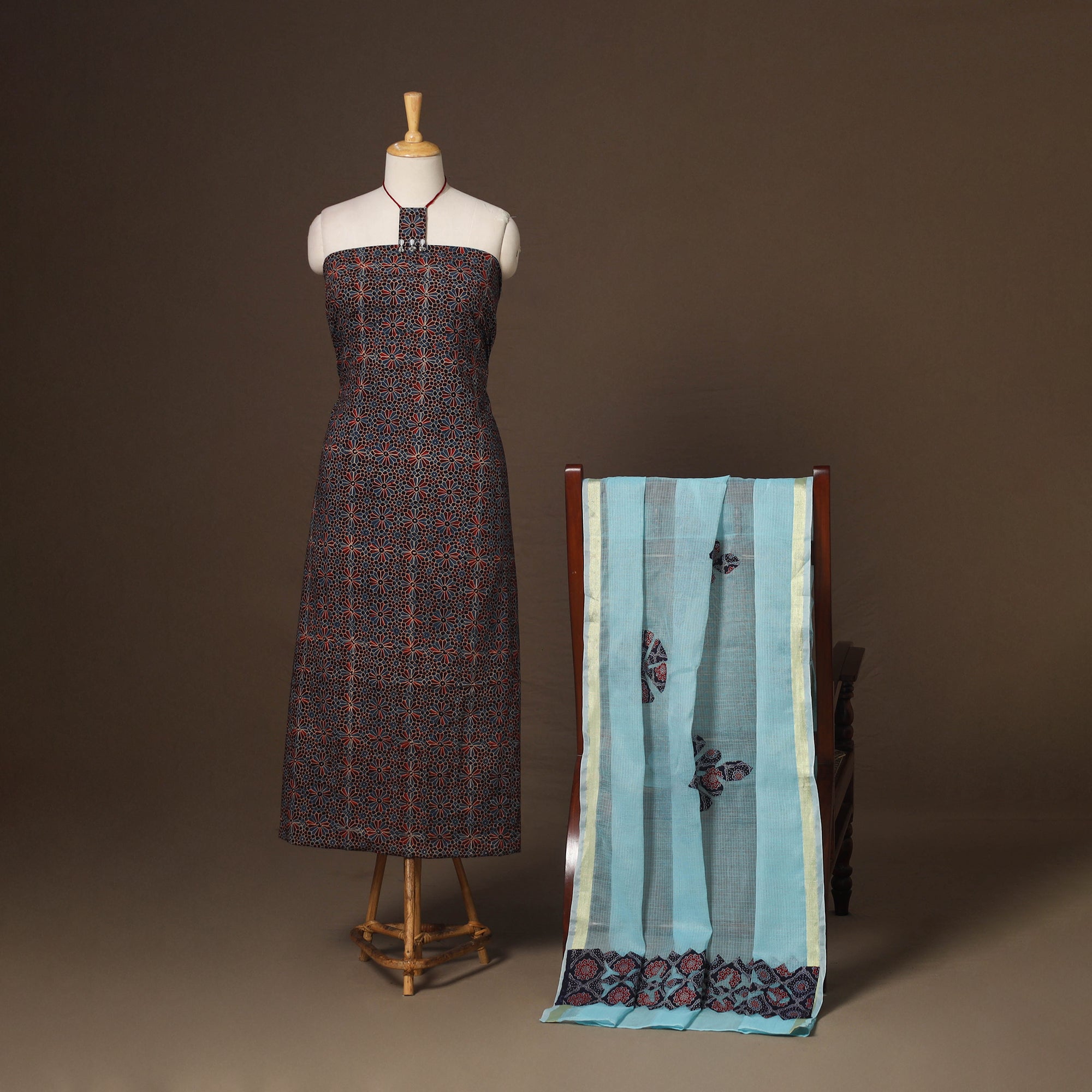 Multicolor - 2pc unstitched dress material with jewellery