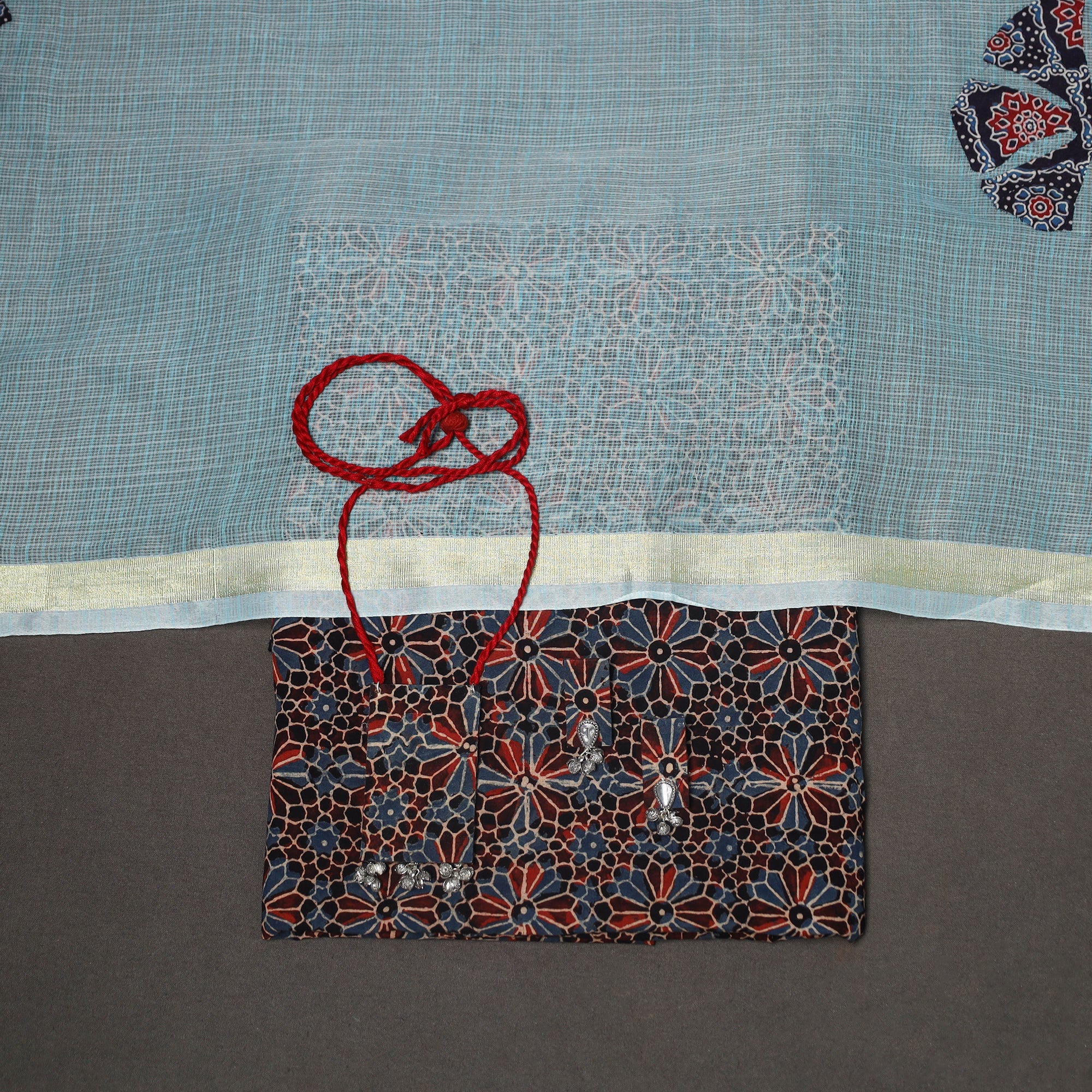 Multicolor - 2pc unstitched dress material with jewellery