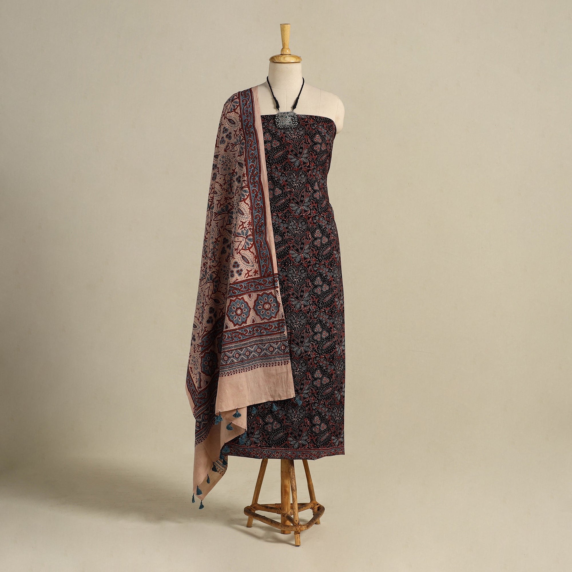 Multicolor 3pc Block Print Natural Dyed Ajrakh Dress Material