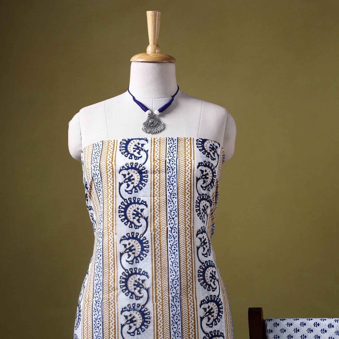 Multicolor 3pc Cotton Bagh Print Dress Material with Jewellery Set