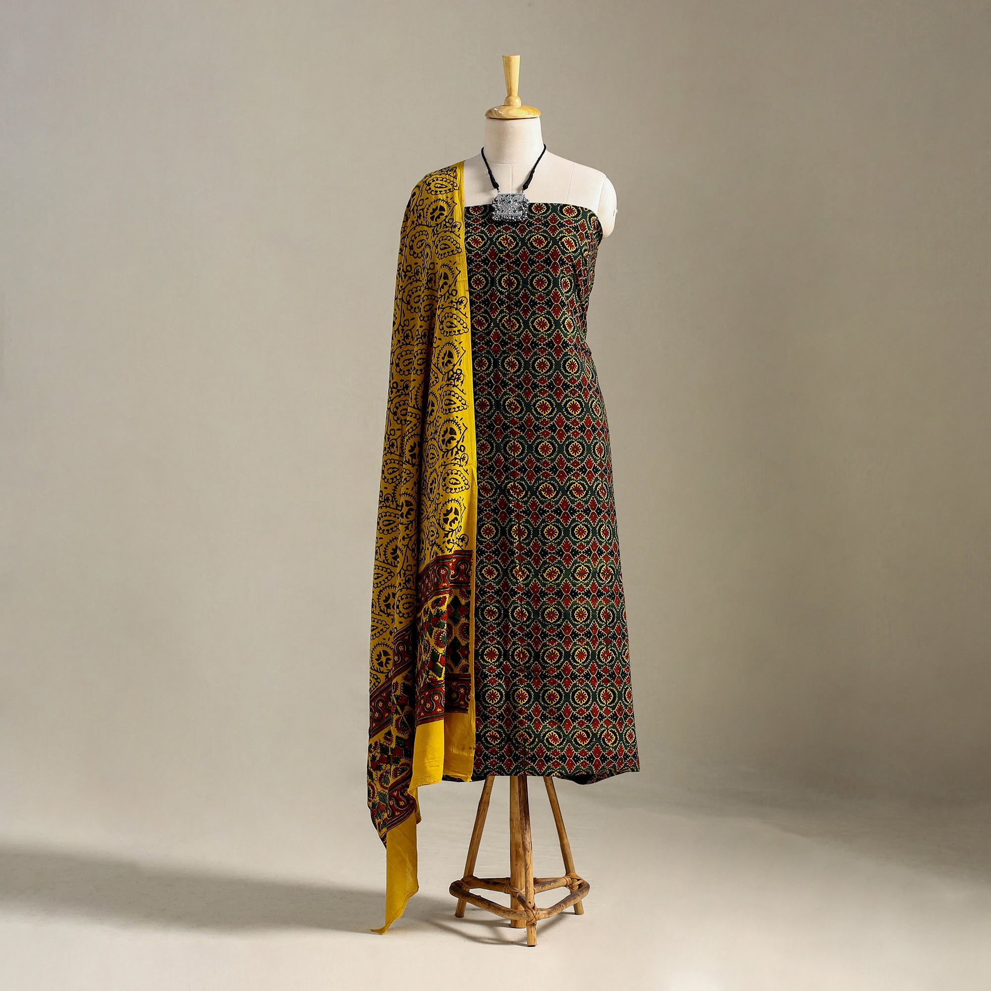 Multicolor 3pc Block Print Cotton Ajrakh Dress Material