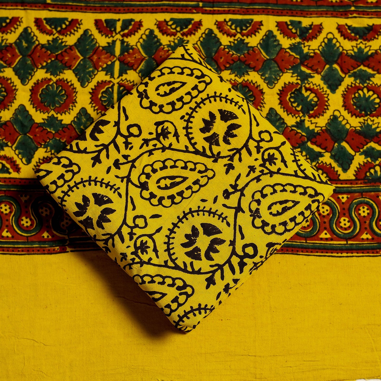 Multicolor 3pc Block Print Cotton Ajrakh Dress Material