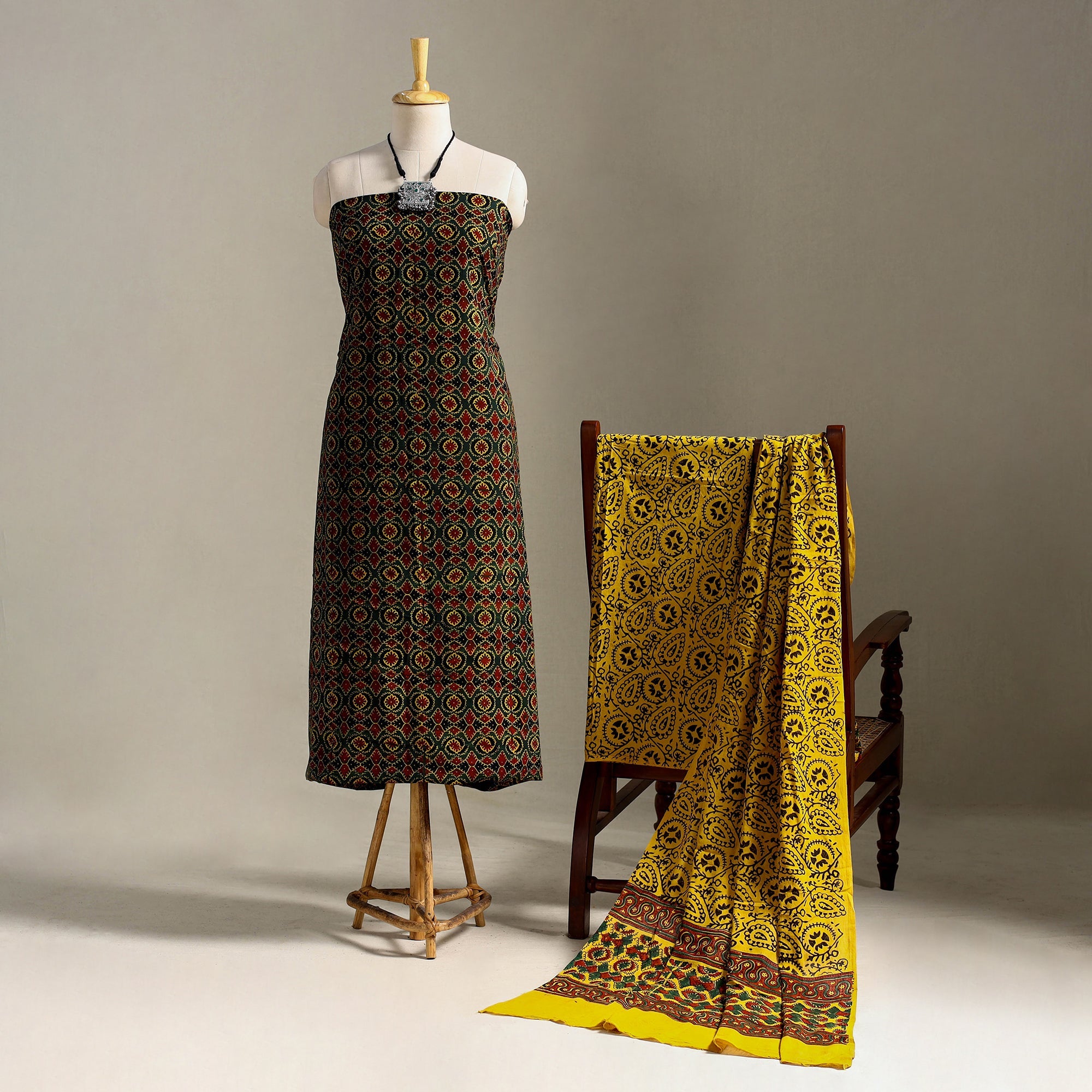 Multicolor 3pc Block Print Cotton Ajrakh Dress Material