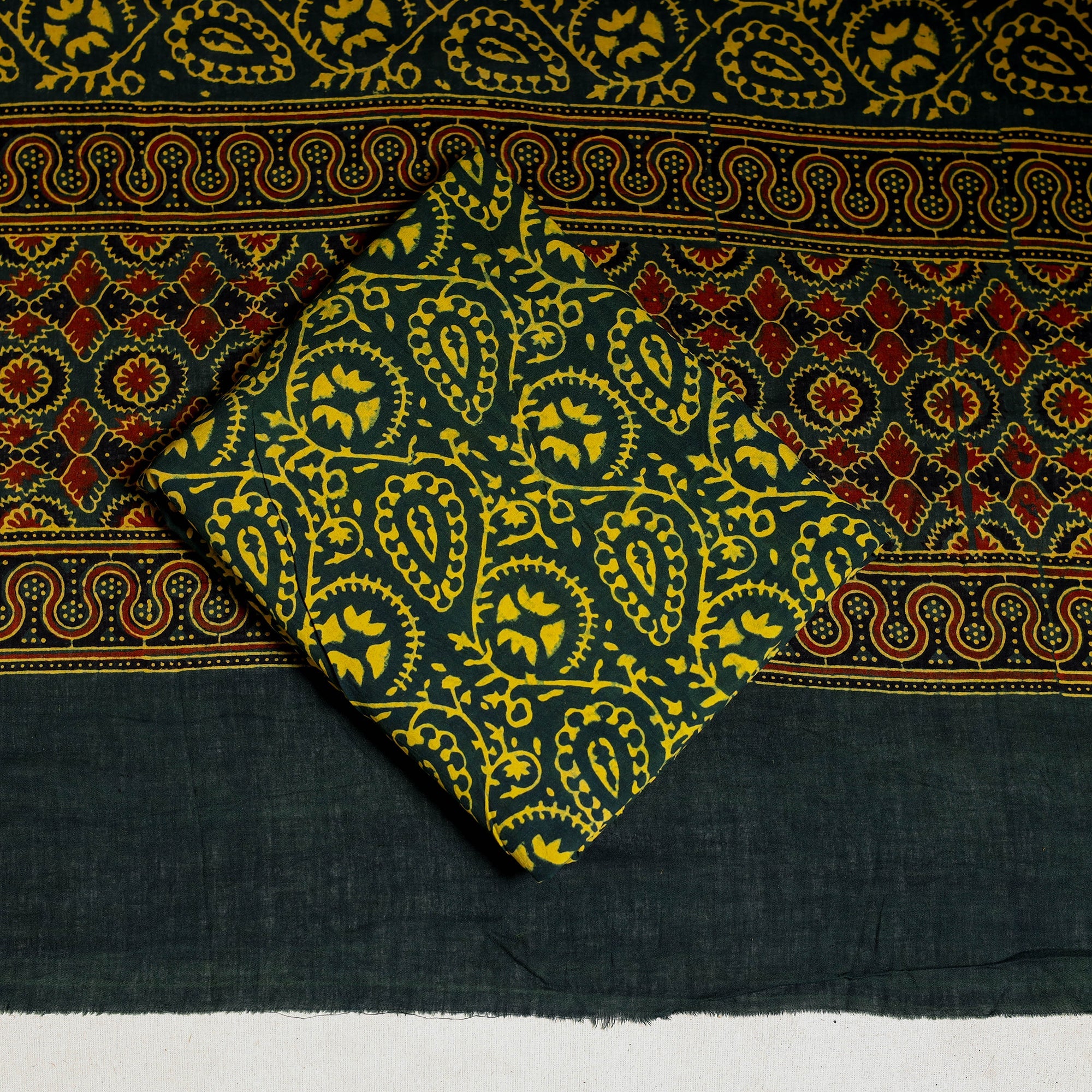 Multicolor 3pc Block Print Cotton Ajrakh Dress Material