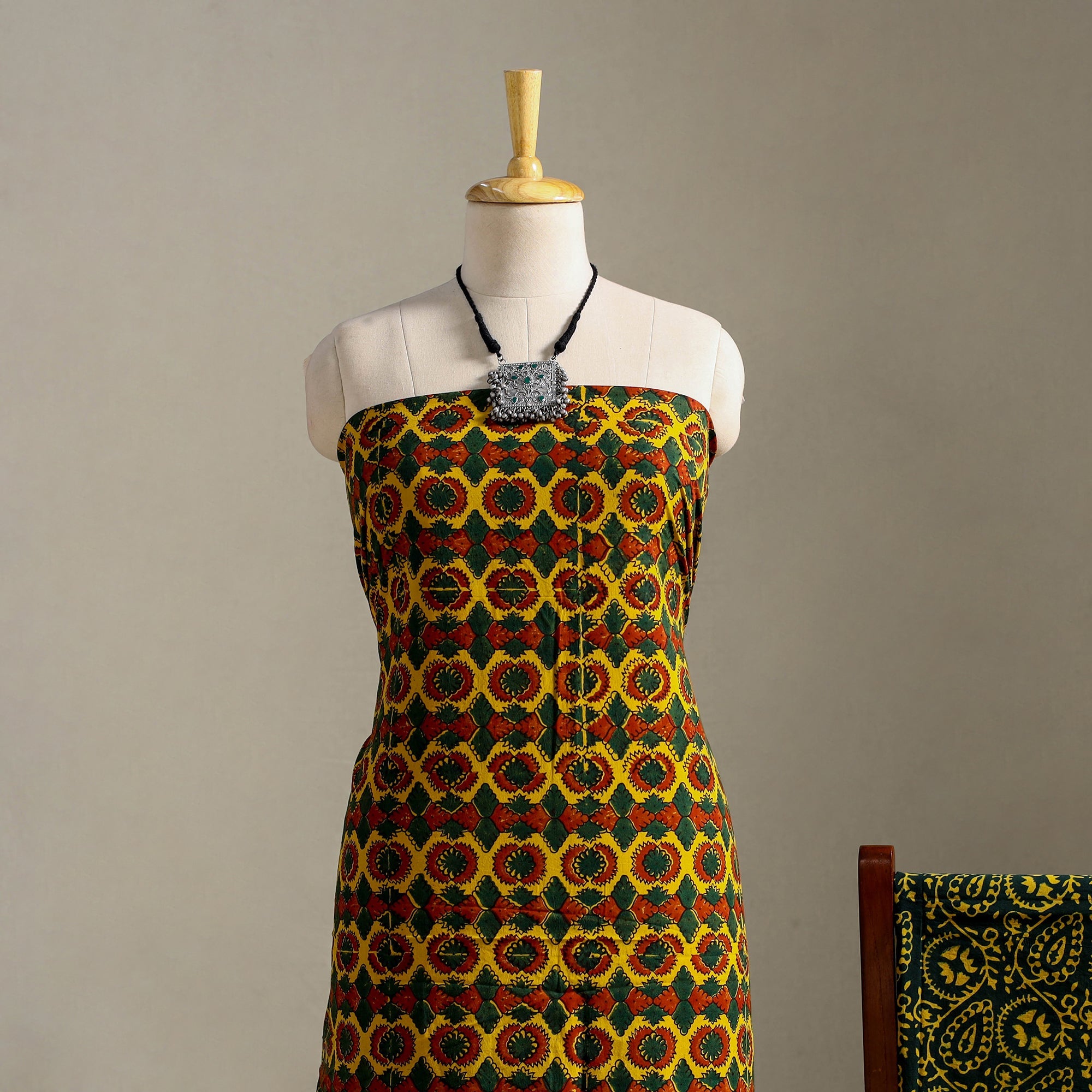 Multicolor 3pc Block Print Cotton Ajrakh Dress Material