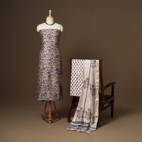 3pc maheshwari silk unstitched hand sanganeri dress