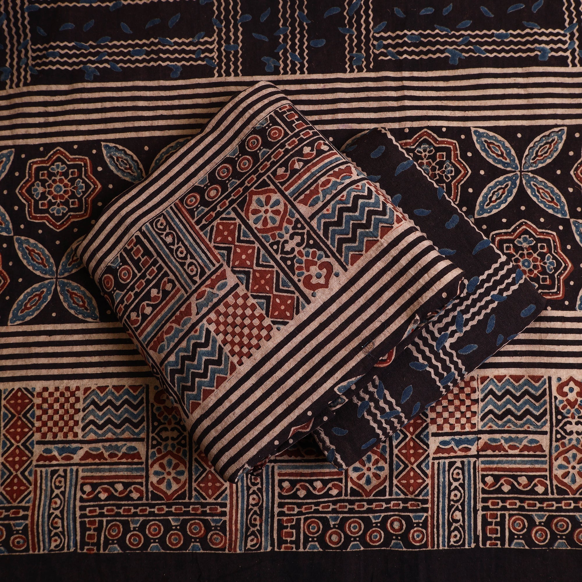 Buy 3pc Multicolor Block Print Cotton Ajrakh Dress Material