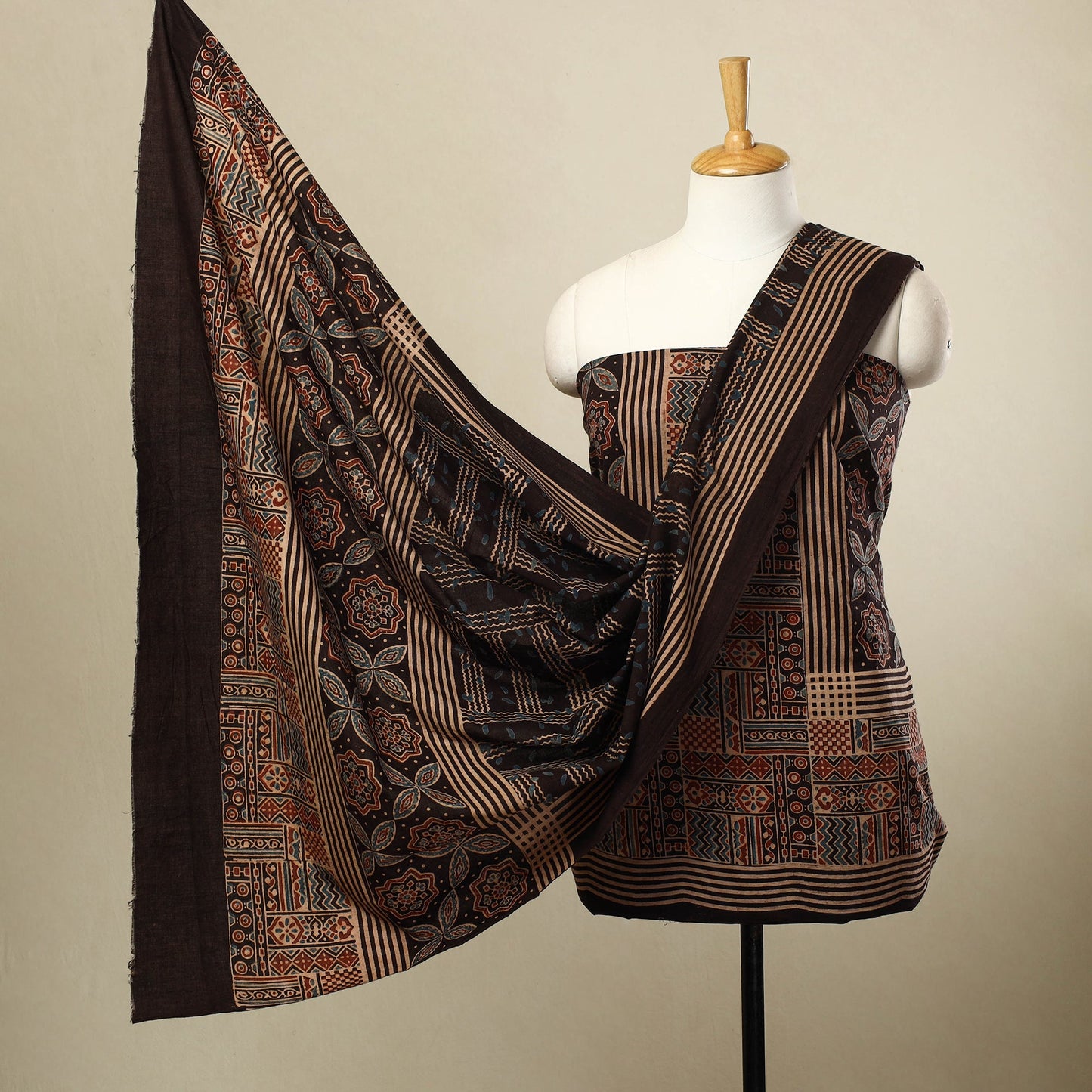 Buy 3pc Multicolor Block Print Cotton Ajrakh Dress Material