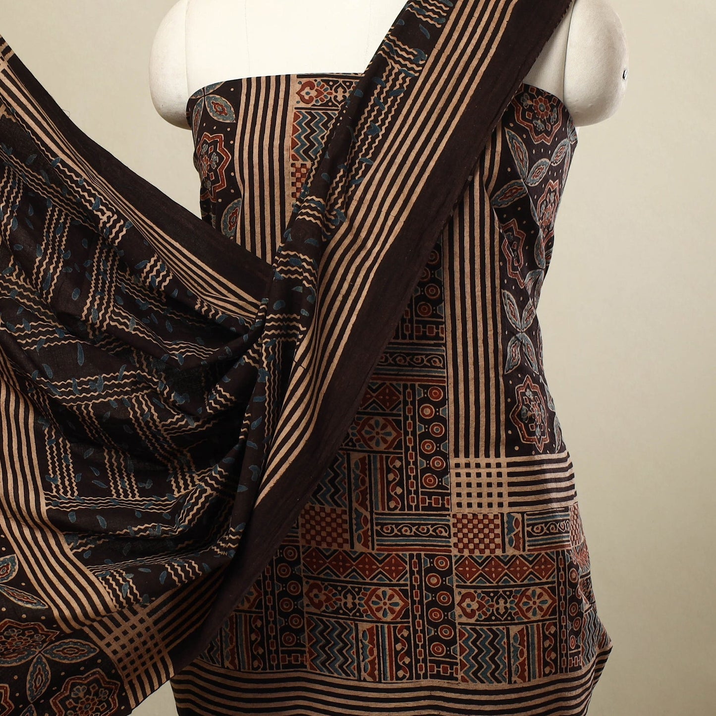 Buy 3pc Multicolor Block Print Cotton Ajrakh Dress Material