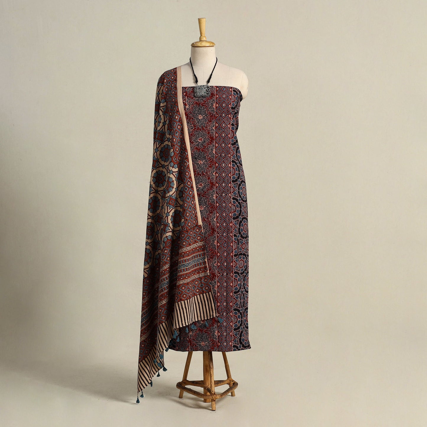 Multicolor 3pc Block Print Natural Dyed Ajrakh Dress Material