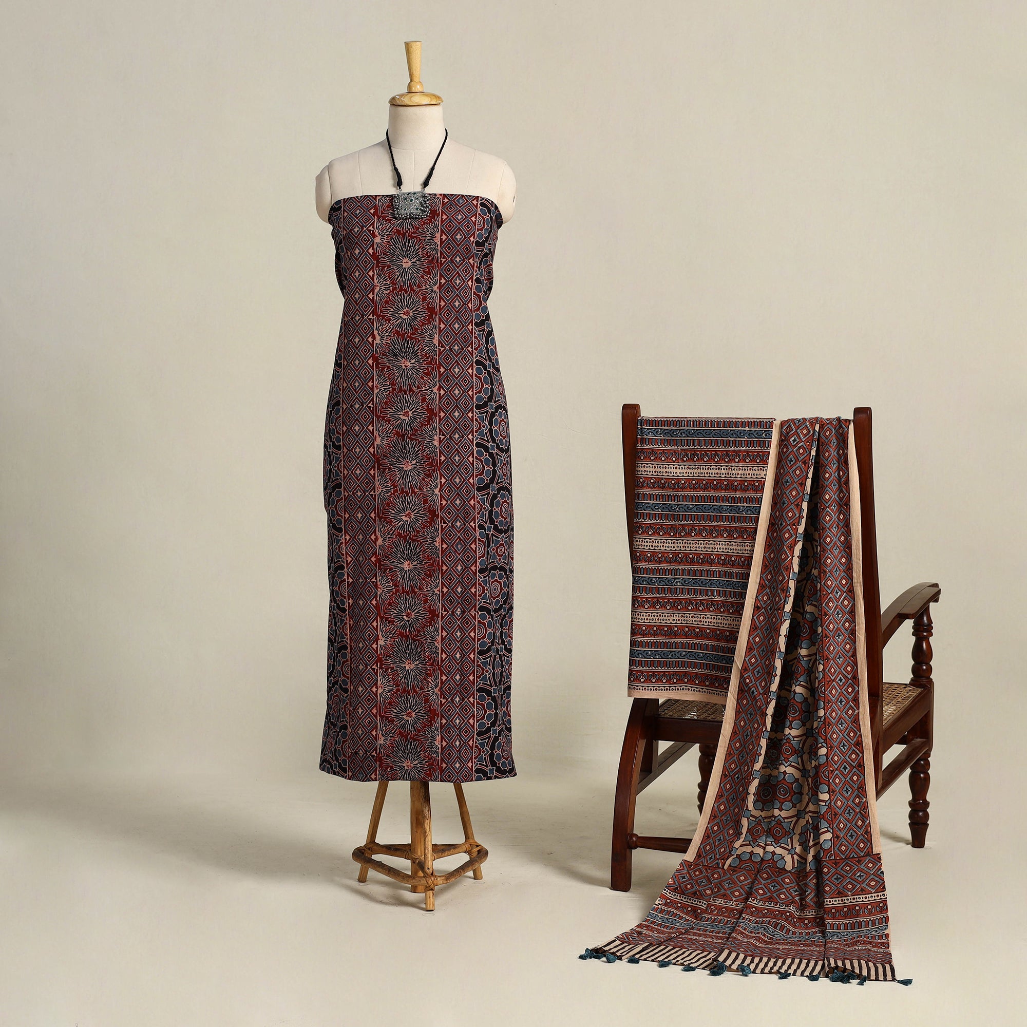 Multicolor 3pc Block Print Natural Dyed Ajrakh Dress Material